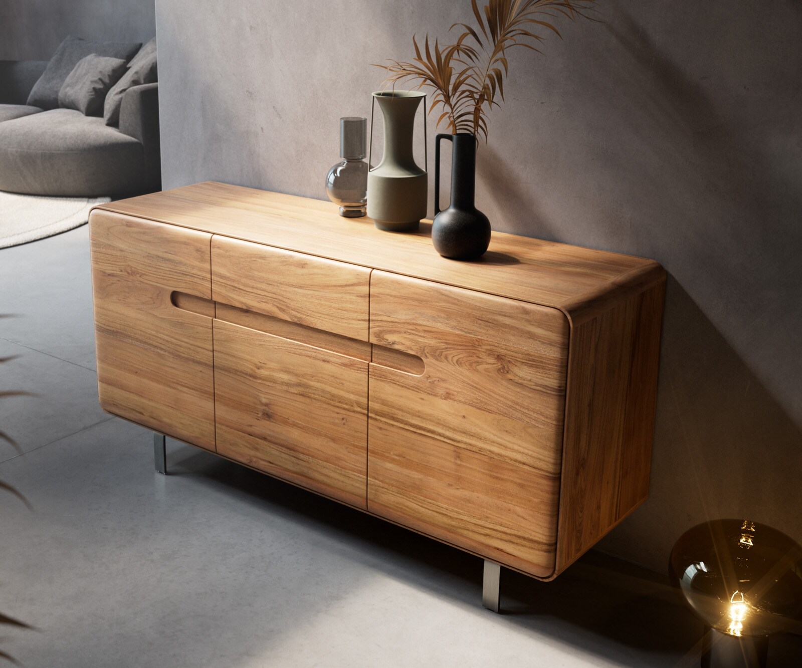 Dressoir Anaya 145 cm natuur acacia 3 deuren L-onderstel roestvrij staal 2 Dressoir Anaya 145 cm natuur acacia 3 deuren L-onderstel roestvrij staal 2