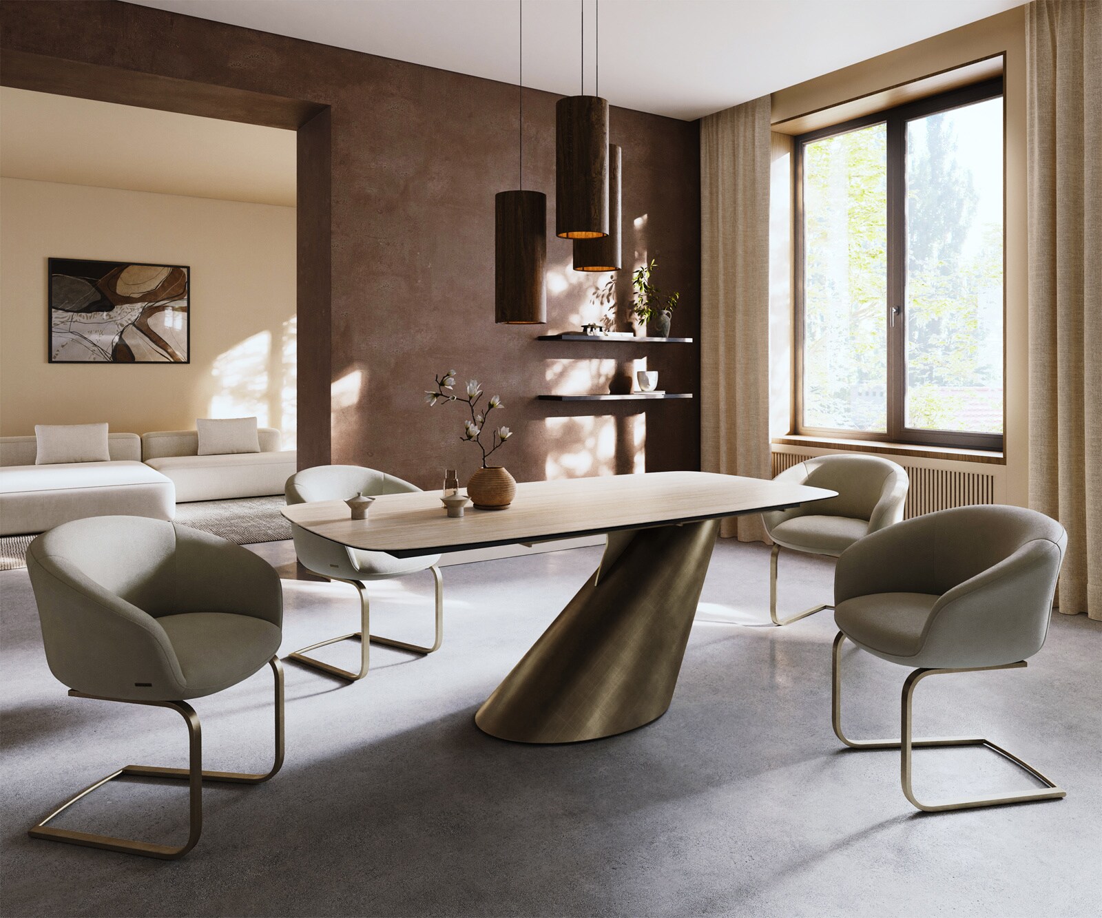 Eettafel Edge Boot 200x100 keramiek  Laminam® Travertino Bianco Creme-wit Cono metaal goud 7