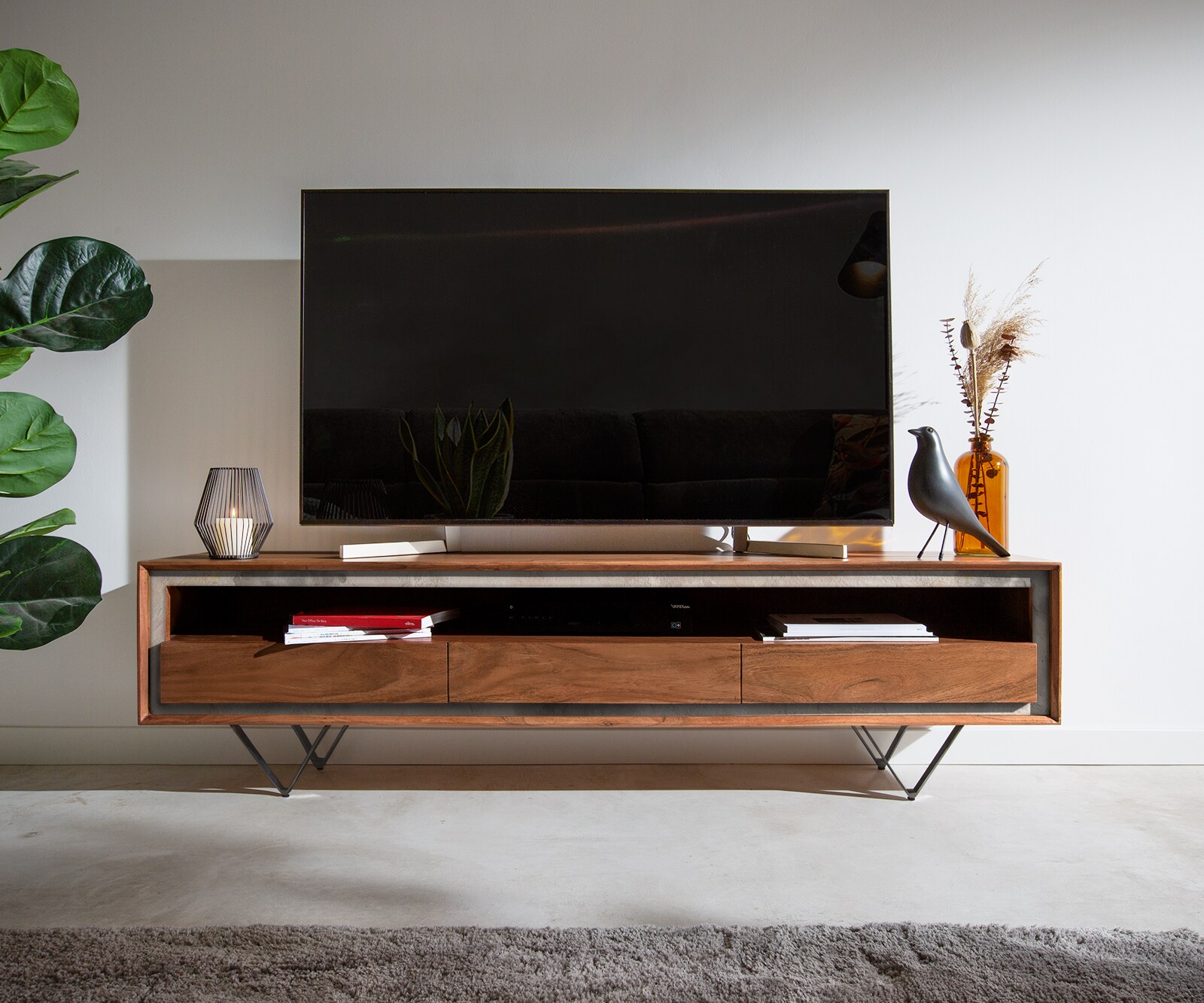 Tv-meubel Stonegrace 175 cm acacia bruin steenfineer 3 laden 1 legplank V-poot zwart 1