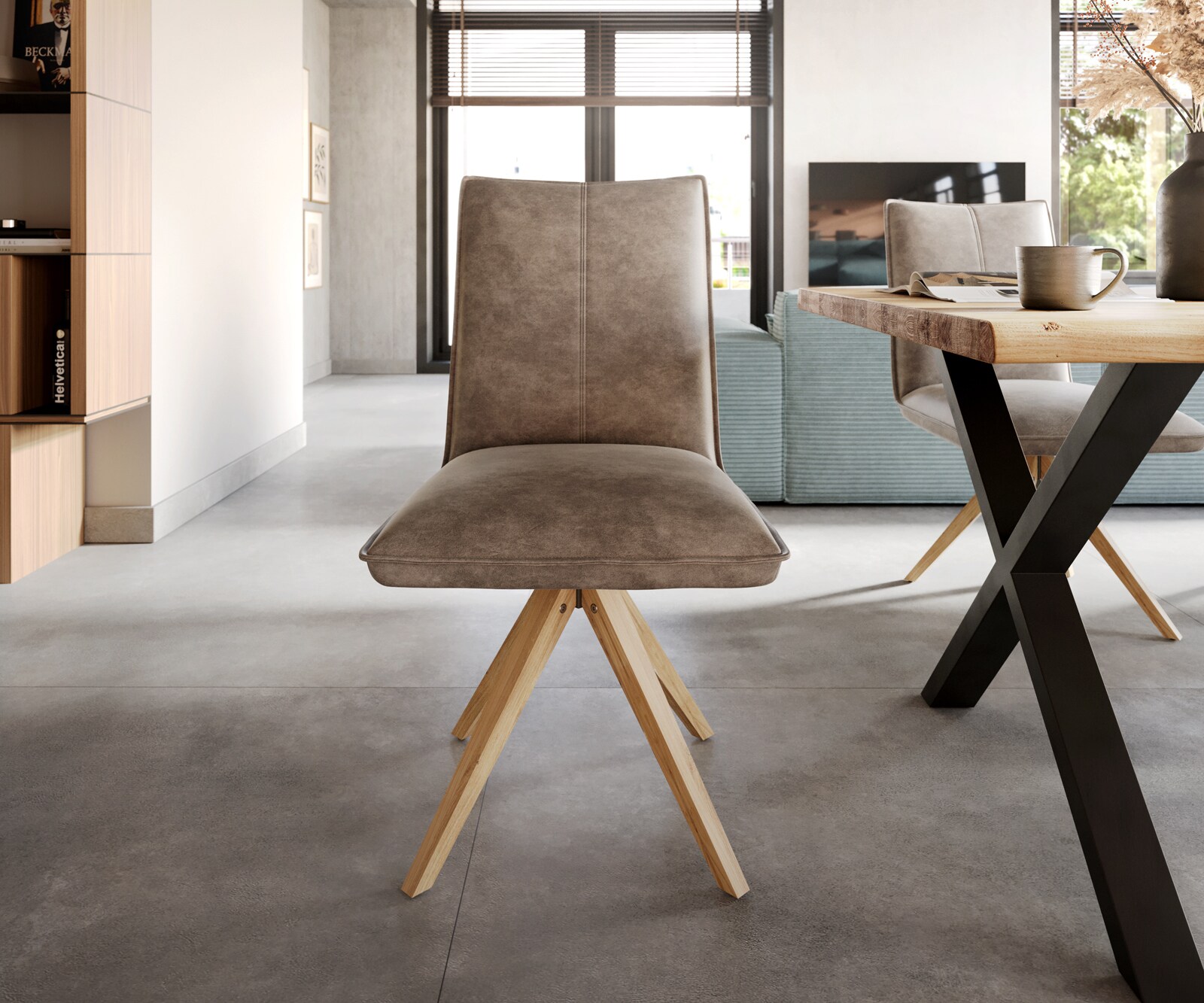 Eetkamerstoel Lelio-Flex microvelours taupe vintage houten frame hoekig natuur 360° draaibaar pocketveer kern 2