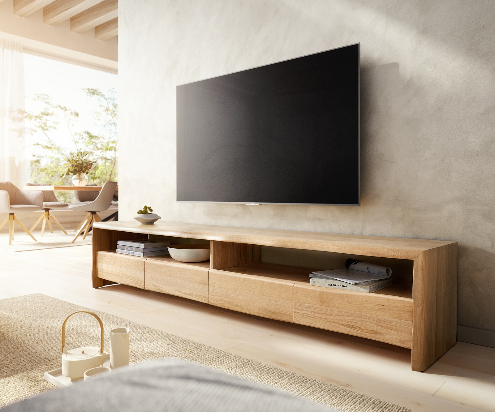 Tv-meubel Live-Edge 230 cm natuur eik 4 laden massief boomrand Tv-meubel Live-Edge 230 cm natuur eik 4 laden massief boomrand