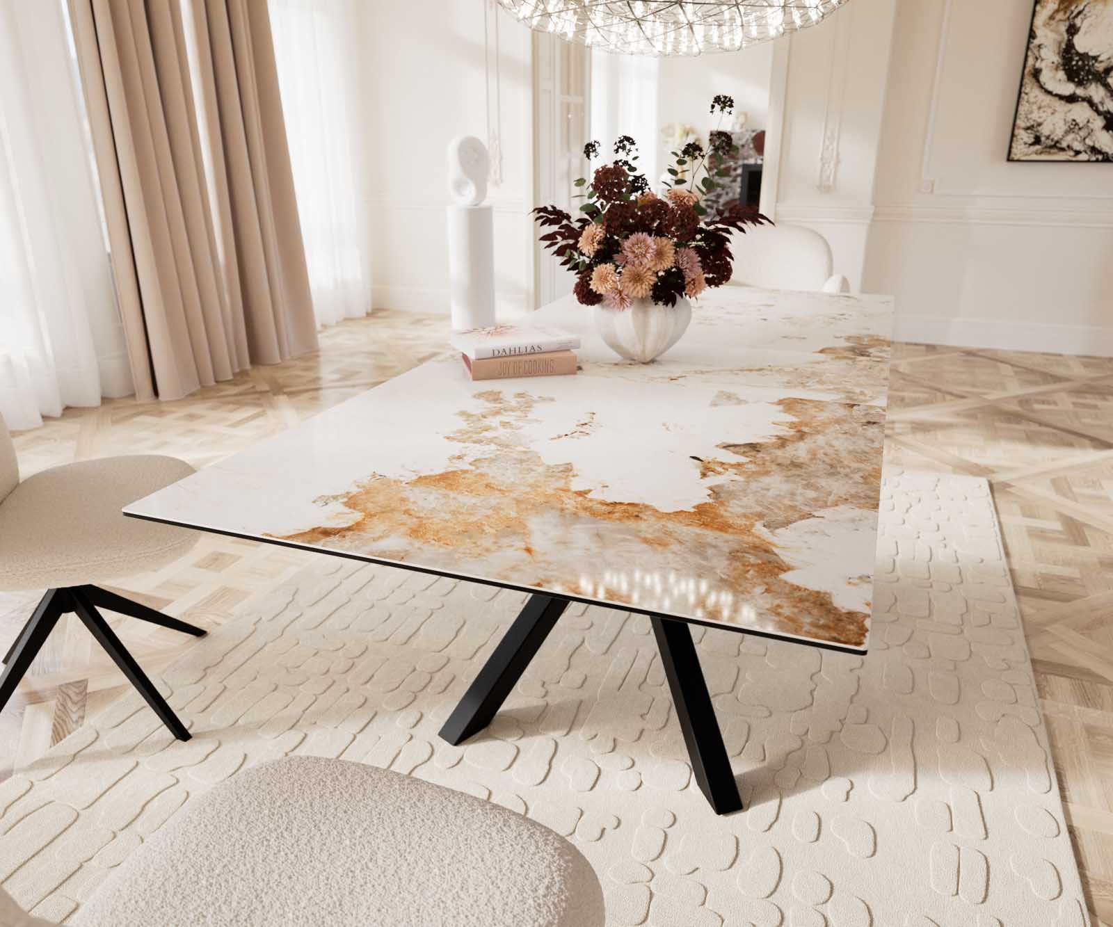 Eetkamertafel Edge 180-220x100 keramiek Minas Melange wit-beige kruisframe rechthoek zwart uitschuifbaar 8