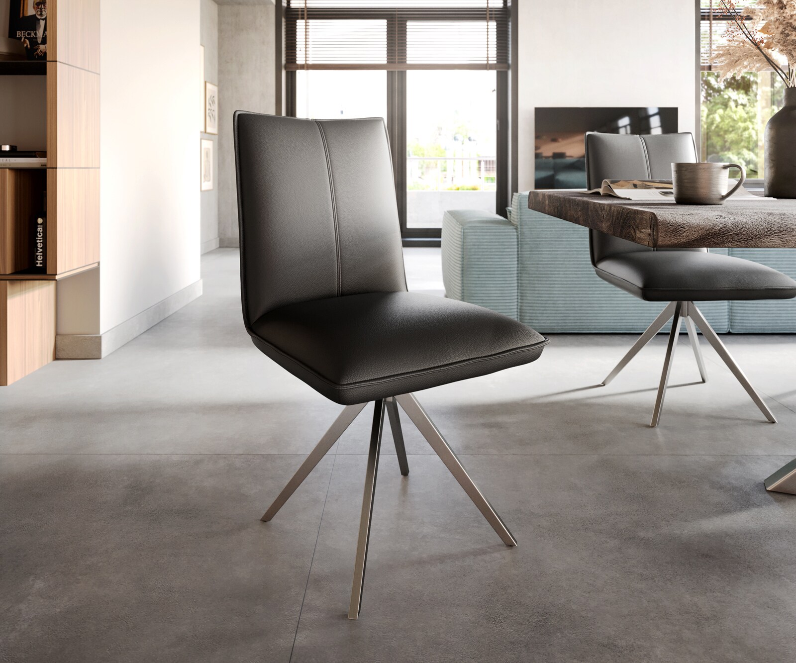 Eetkamerstoel Lelio-Flex echt leer zwart kruisframe breed roestvrij staal pocketveer kern Eetkamerstoel Lelio-Flex echt leer zwart kruisframe breed roestvrij staal pocketveer kern