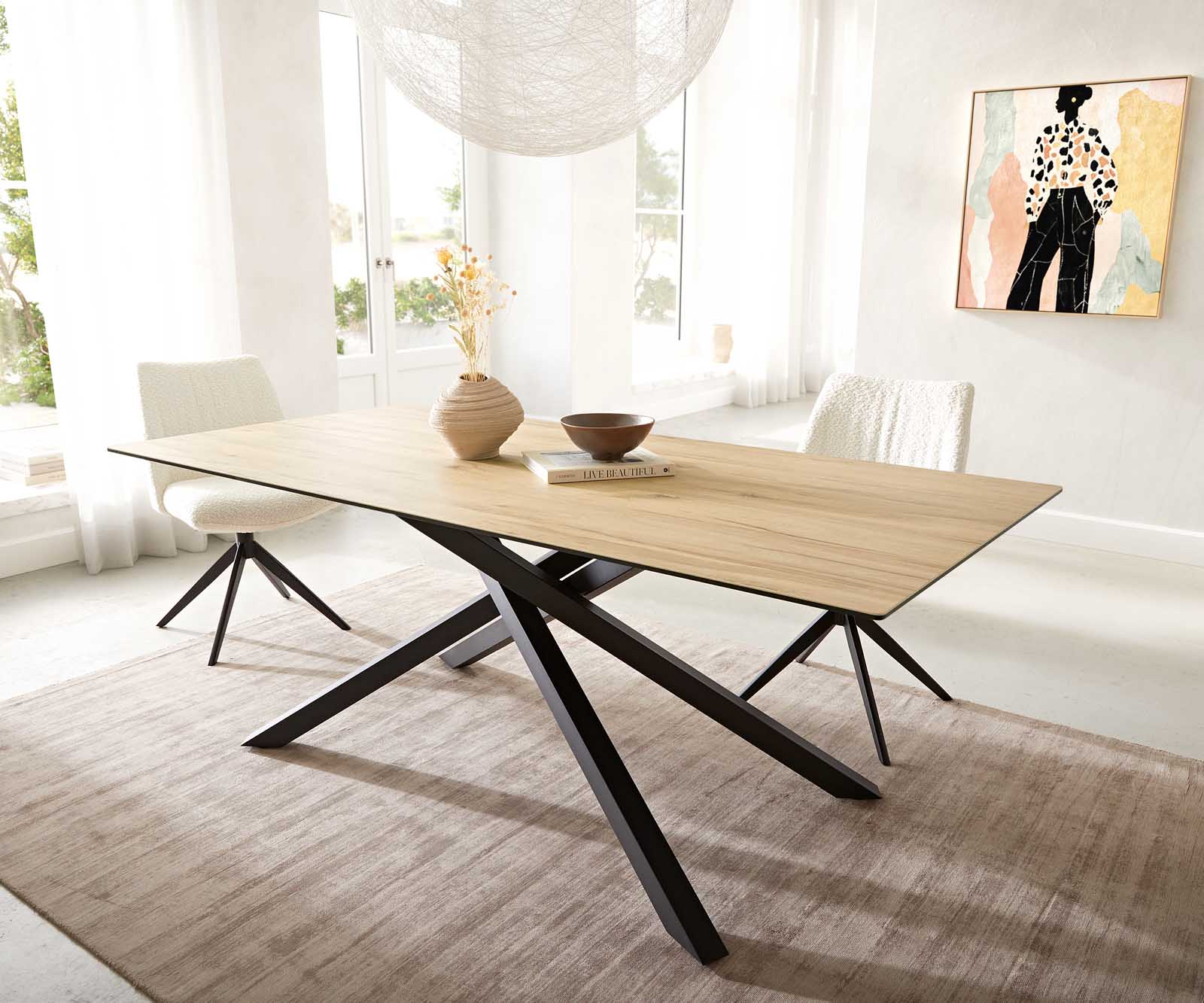 Eetkamertafel Edge 200x100 keramiek Laminam® Sabbia eiken kleur kruisframe rechthoek zwart 1 Eetkamertafel Edge 200x100 keramiek Laminam® Sabbia eiken kleur kruisframe rechthoek zwart 1