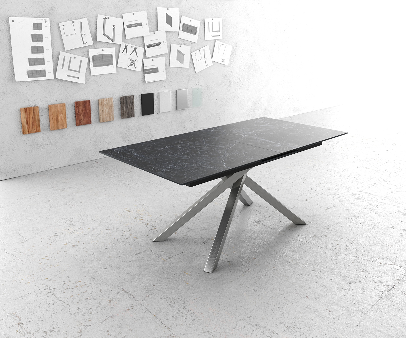 Eettafel Edge 180-220x90cm Laminam® keramiek grijs middenpoot kruis zilver 1 Eettafel Edge 180-220x90cm Laminam® keramiek grijs middenpoot kruis zilver 1
