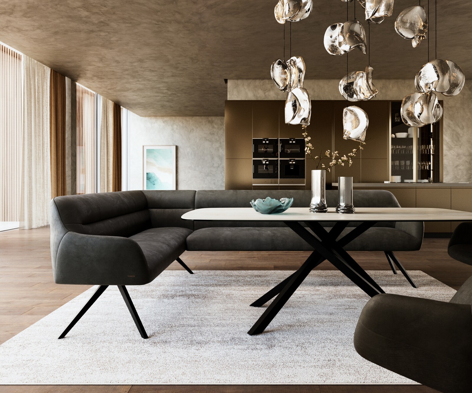 Eetkamerbank Taya-Flex 285x190 cm microvelours anthraciet vintage hoekig kruisframe zwart pocketvering rechts 2