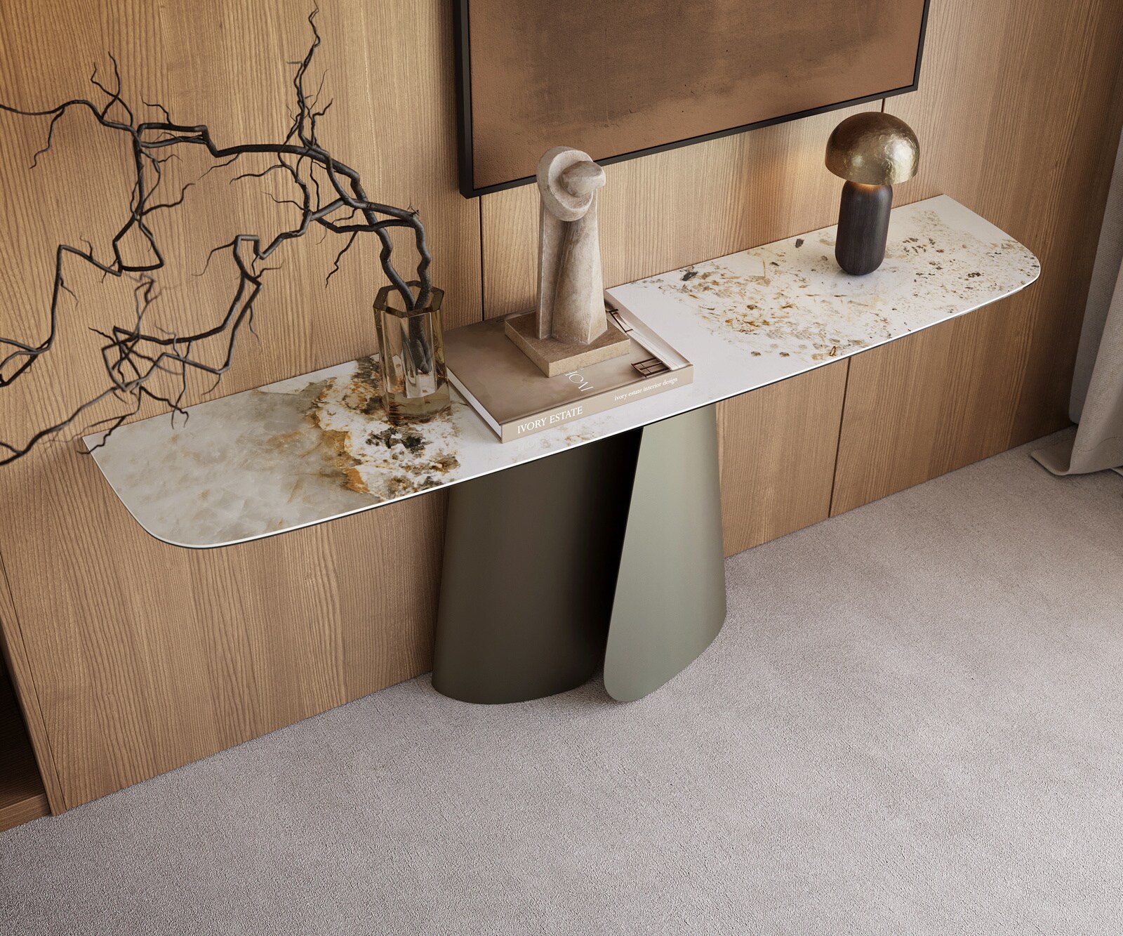 Consoletafel Edge Bootvorm 180x40 cm Keramiek Minas Melange Weiß-Beige Livos Metaal Effektfinish Titan 2