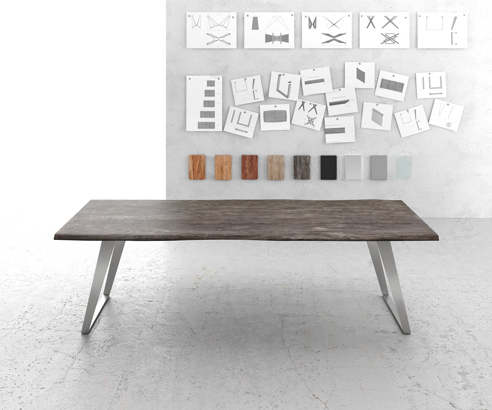 Eettafel Edge 260x100cm acacia platina roestvrijstaal zilver schuin Live-Edge 1