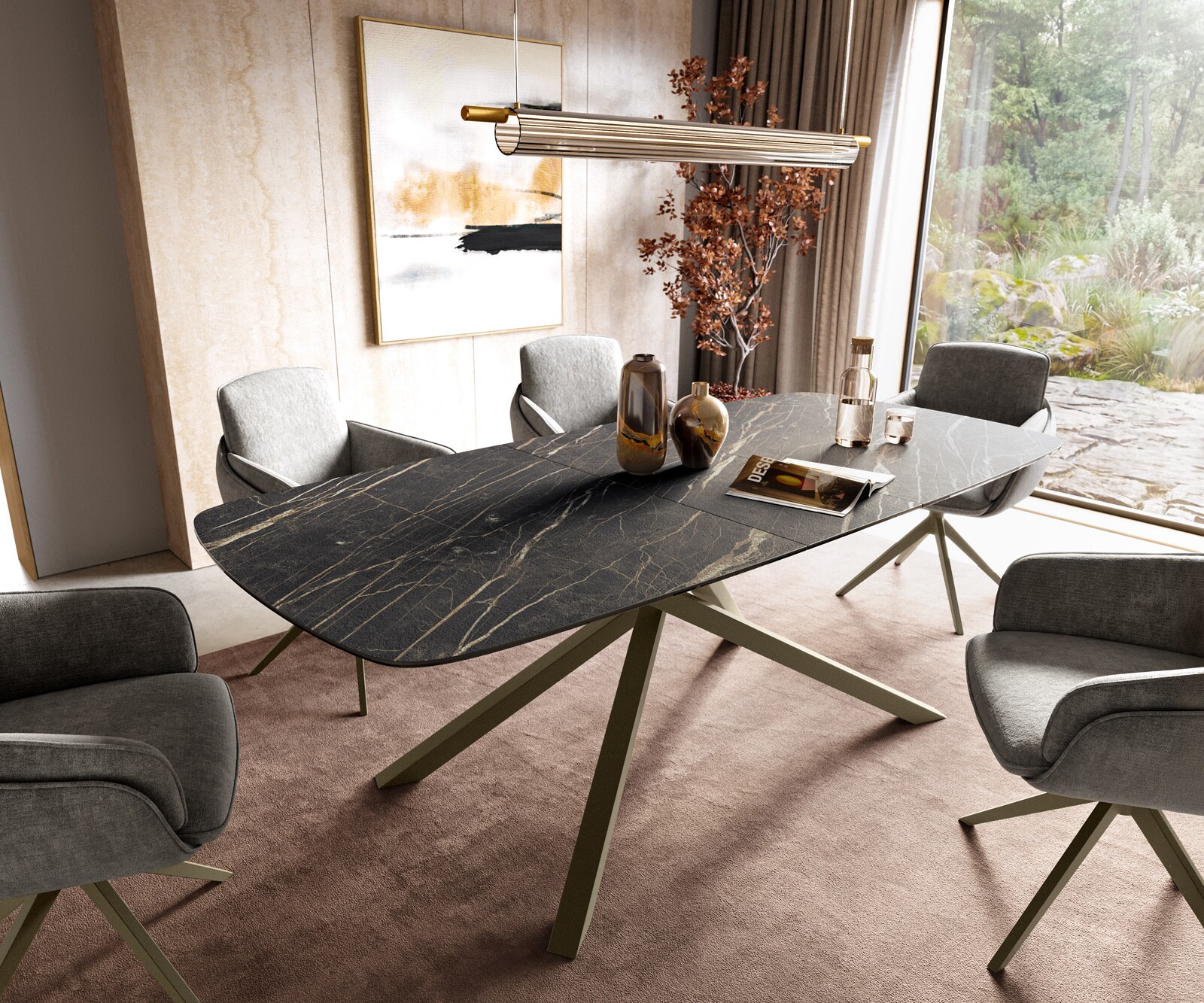 Eettafel Edge Boot 180-220x100 cm Laminam® Keramiek Noir Desir Braun kruisonderstel Rechthoek Effectafwerking Titan uitschuifbaar 1