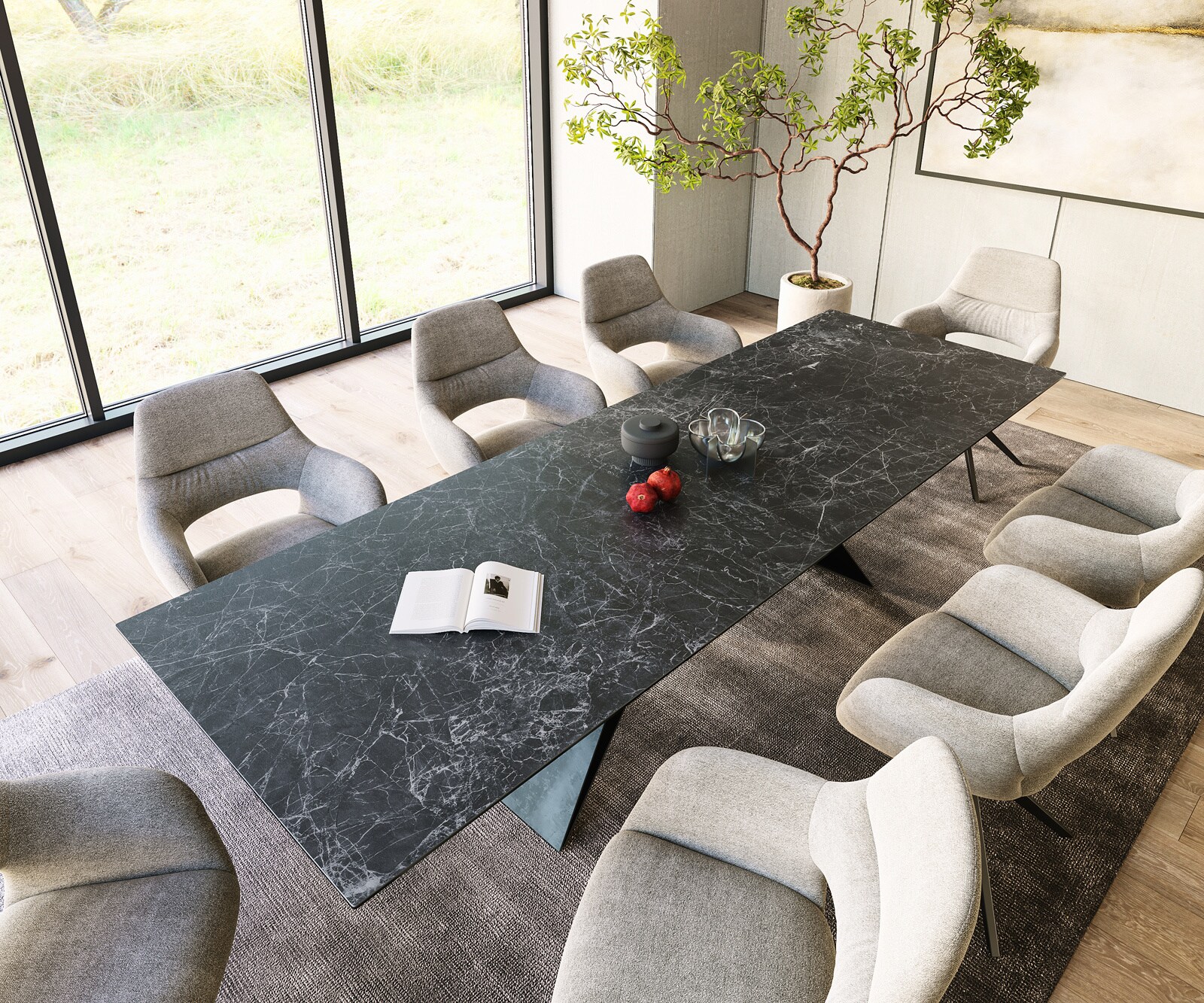 Eettafel Edge 300x100cm Laminam® keramiek grijs V-middenpoot zwart 3