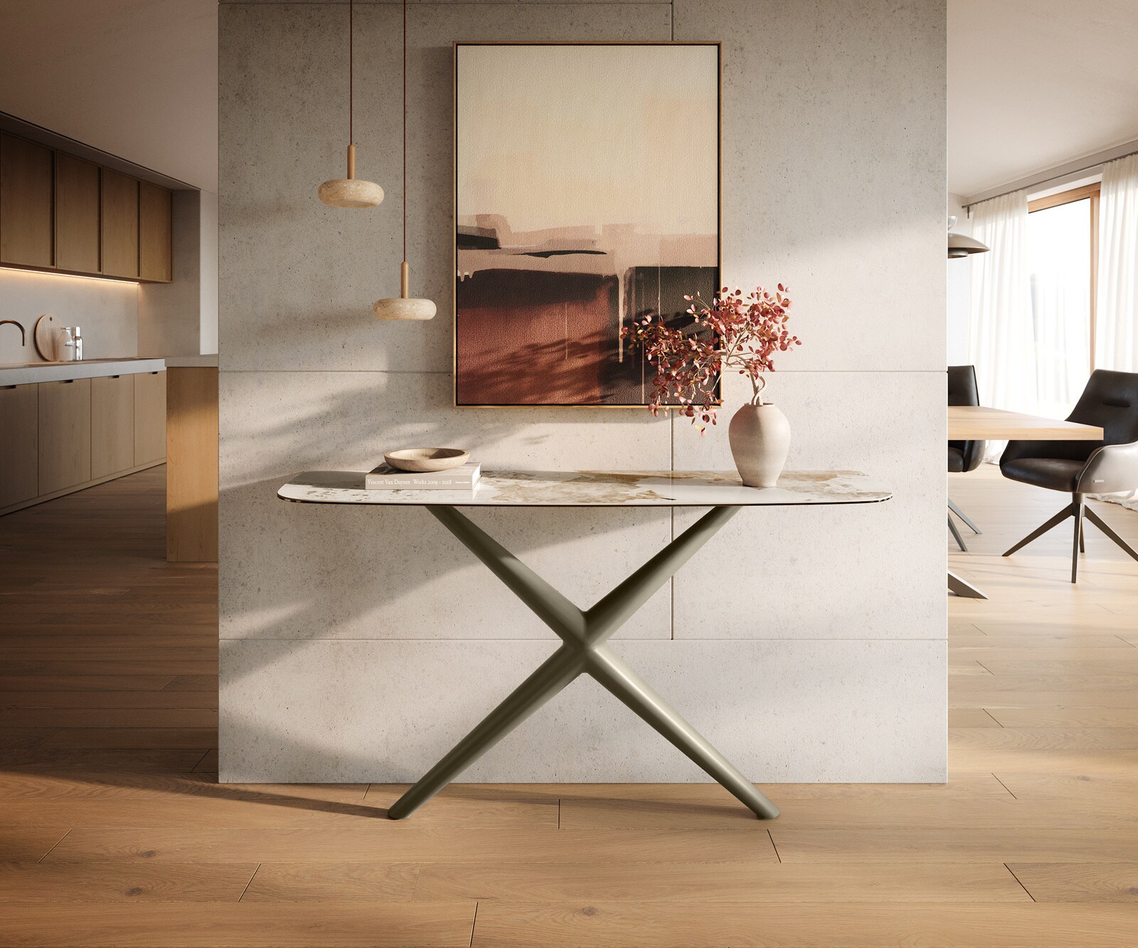 Consoletafel Edge Bootvorm 140x40 cm Keramiek Minas Melange Weiß-Beige Estelo Metaal Effektfinish Titan 1