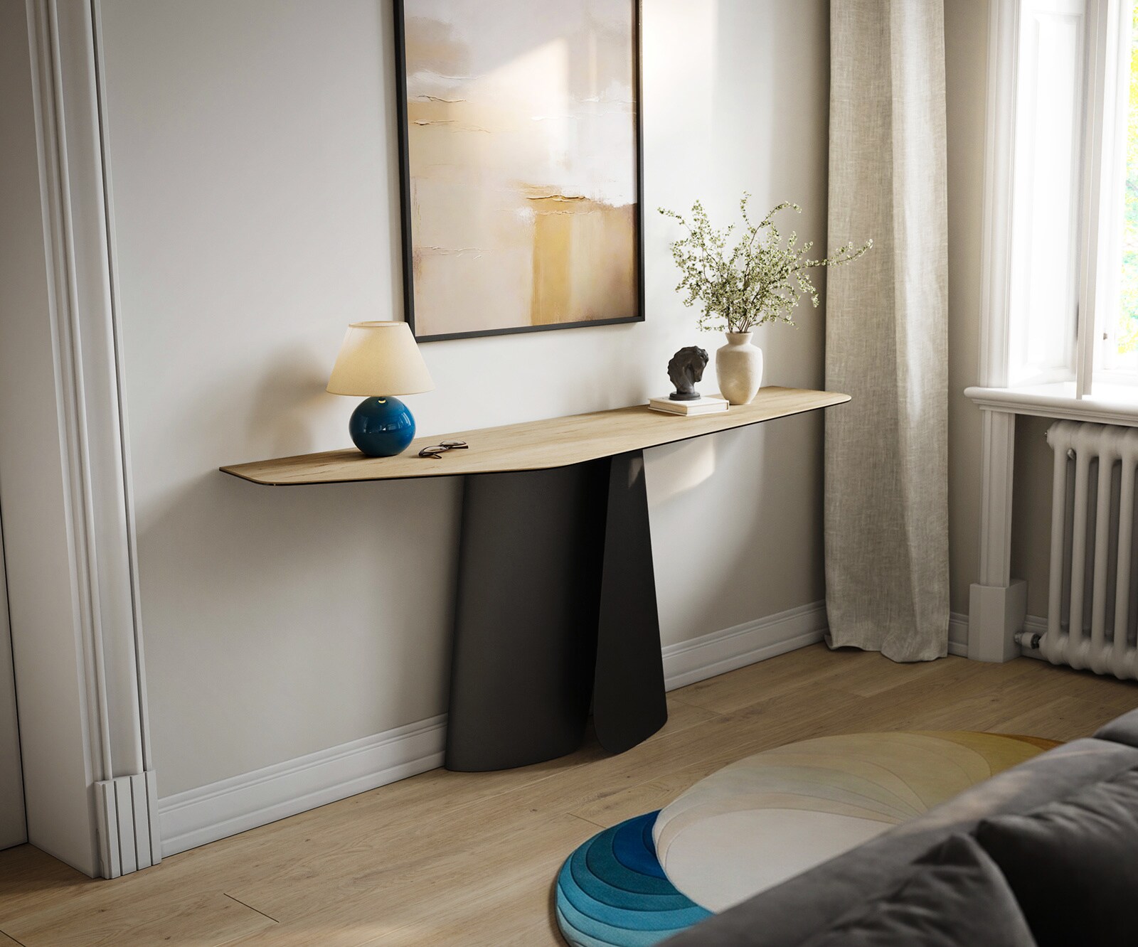 Consoletafel Edge Polygonaal 180x50 cm Keramiek Laminam® Sabbia Eichefarbig Livos Metaal Zwart 1