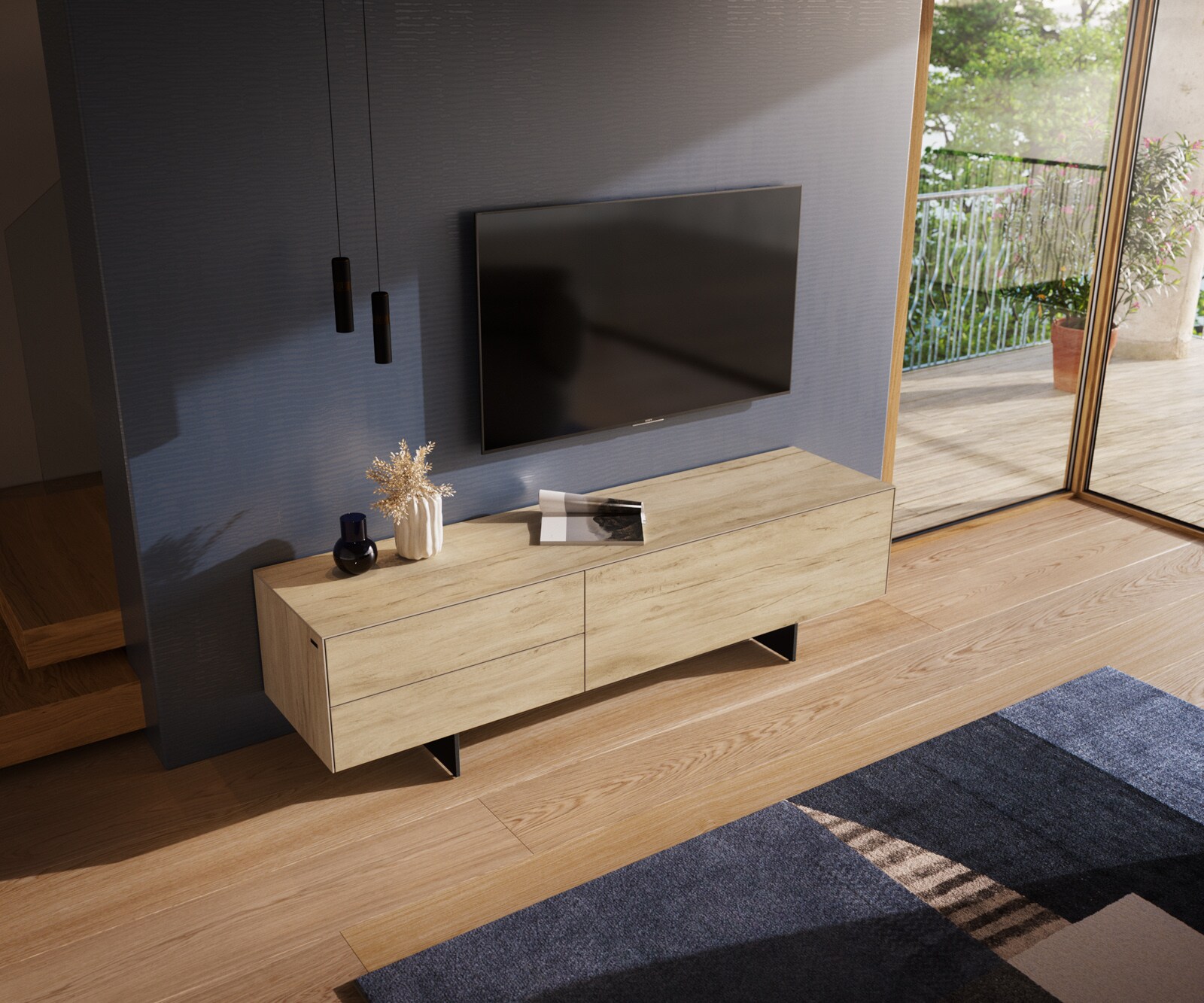 Tv-meubel Cuor 180 cm Keramiek Laminam® Sabbia Eiken gekleurd 1 Flap 2 Laden Zwevende voet look Metaal Zwart 4