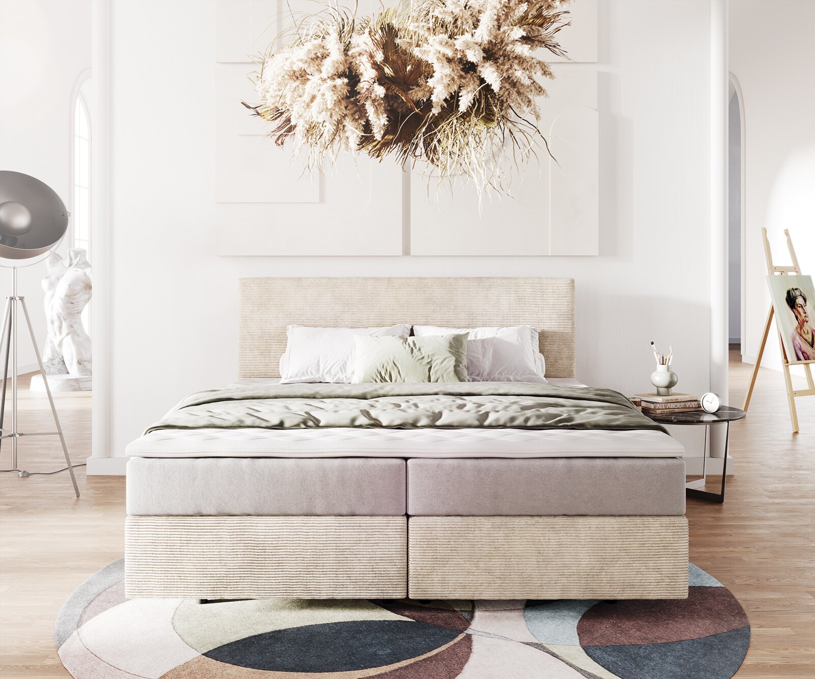 Boxspringbed Dream-Well 180x200 cm Cord Beige met Pocketveringmatras en Topper Visco 1