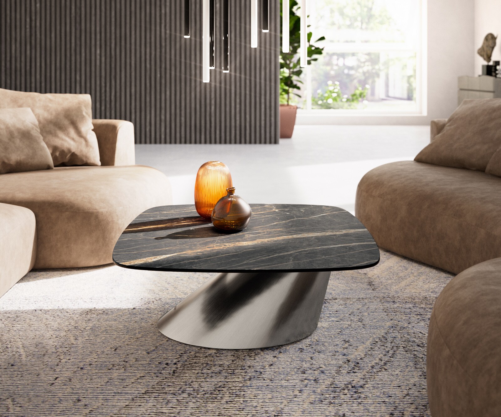 Salontafel Edge Boot 90x90 cm keramiek Laminam® Noir Desir bruin Conis geborsteld roestvrij staal 1
