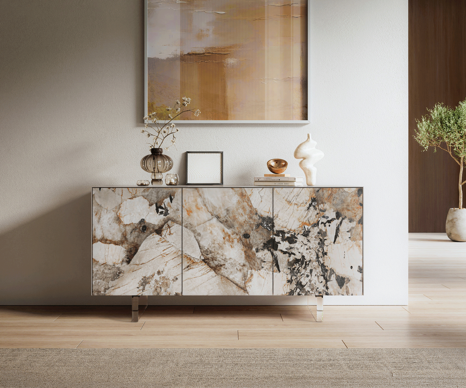 Dressoir Cuor 150 cm Keramiek Patagonia gepolijst 3 Deuren Zwevende voet look Acrylglas 2