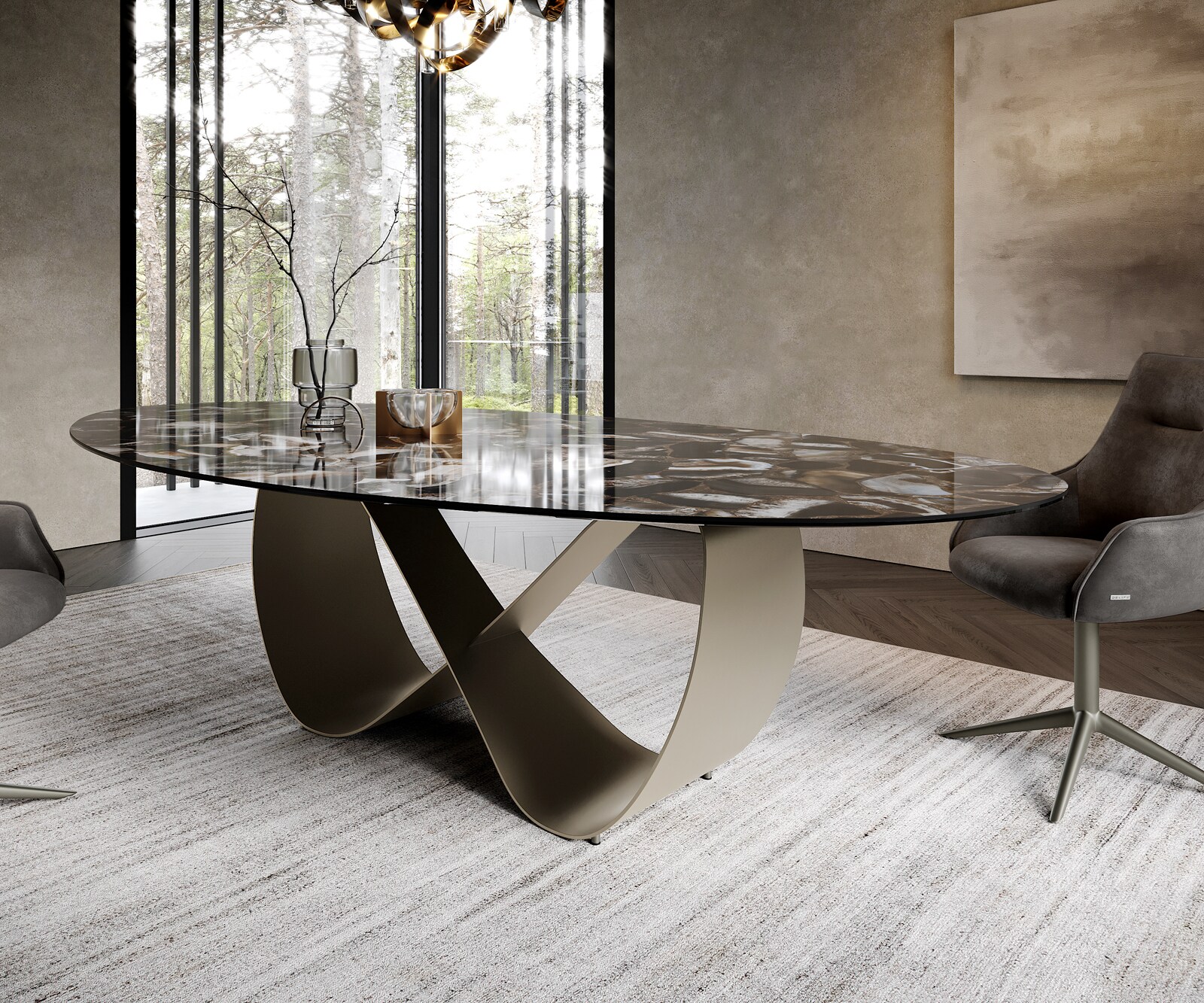 Eetkamertafel Edge Oval 280x130 cm Keramiek Iris FMG Agatablack Infinity Metaal Effectafwerking Titan 6