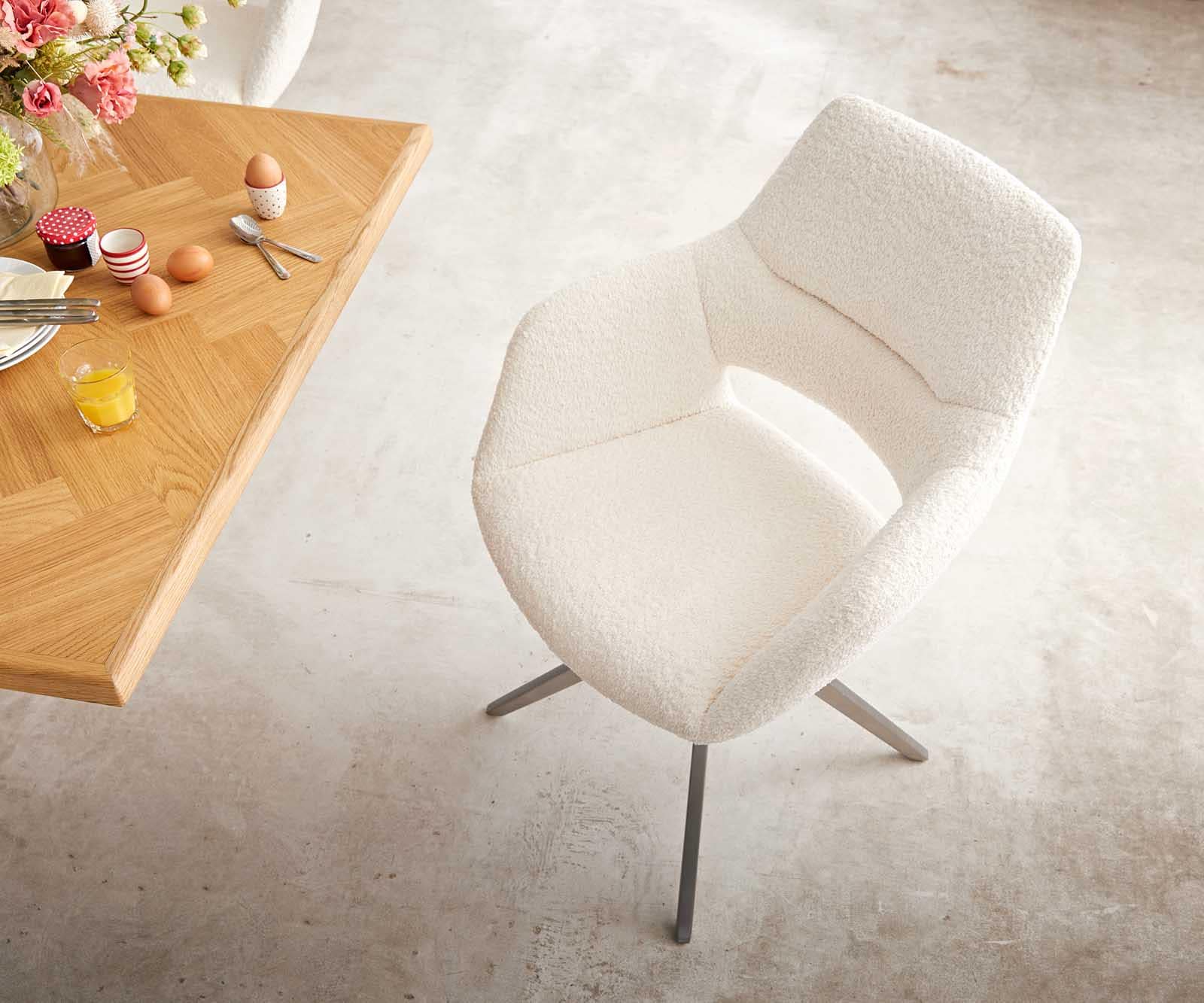 Draaistoel Yago-Flex met armleuning bouclé wit kruisframe breed roestvrij staal 360° draaibaar pocketveer kern 4