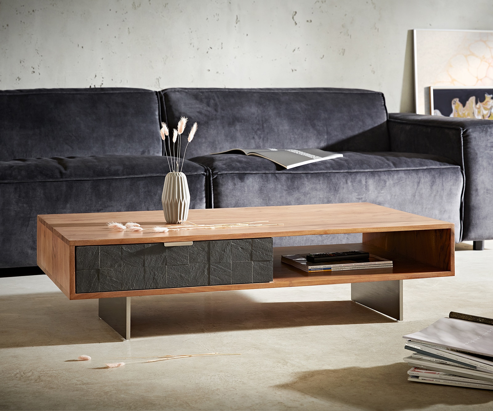 Salontafel Teele 115x60 cm Acacia natuurleisteen 2 laden zwevende roestvrijstalen frame Salontafel Teele 115x60 cm Acacia natuurleisteen 2 laden zwevende roestvrijstalen frame