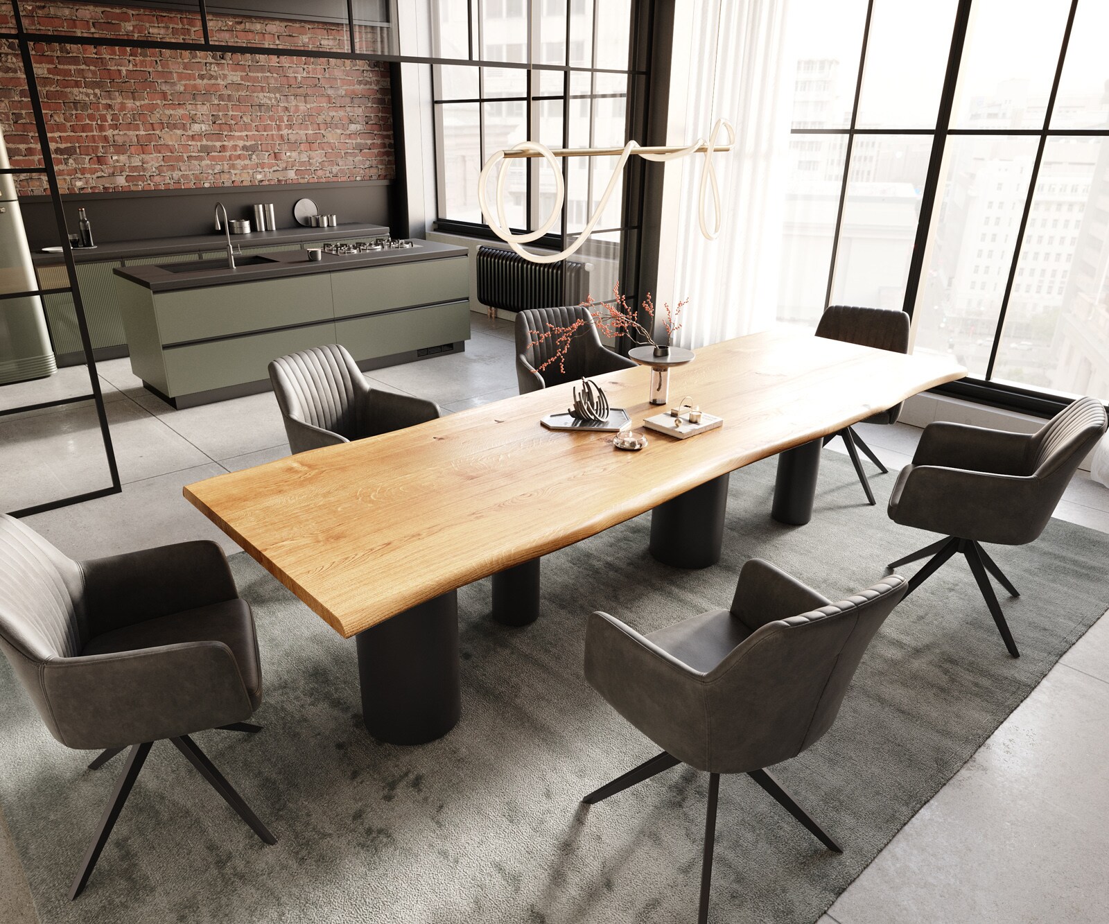 Eettafel Edge 300x100x4 eiken natuur Pilier metaal zwart Live-Edge 4