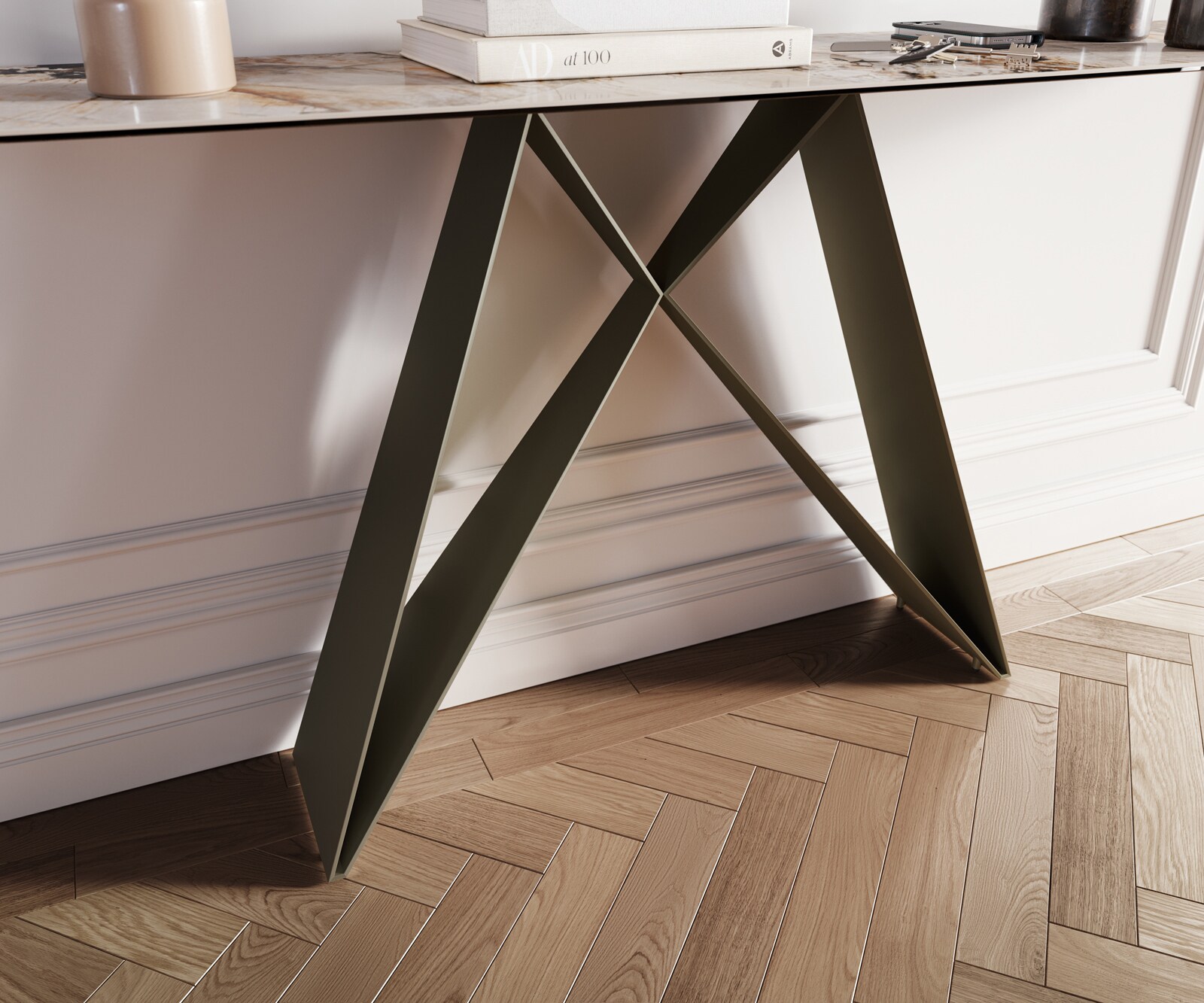 Consoletafel Edge Bootvorm 180x40 cm Keramiek Patagonia Poliert Velio Metaal Effektfinish Titan 6