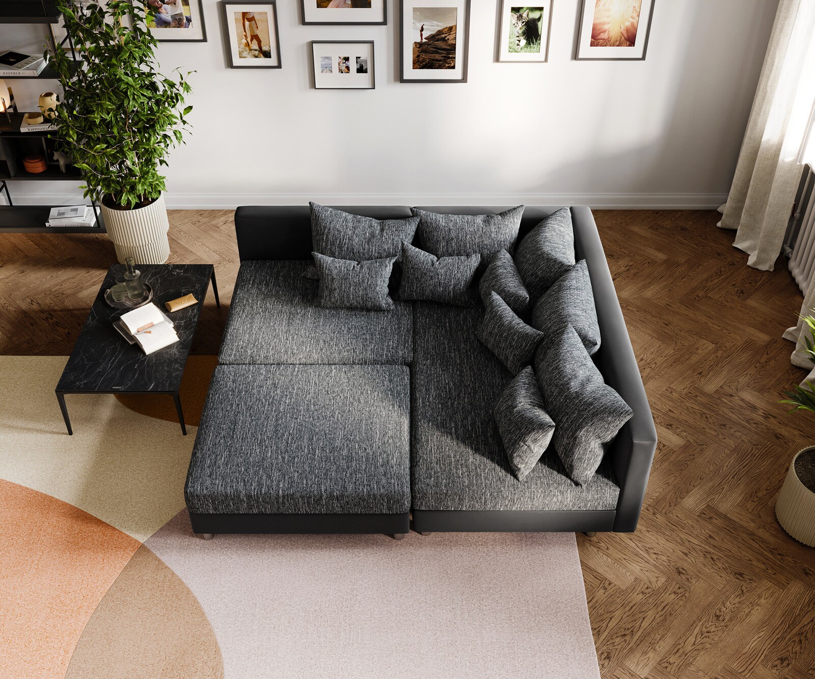 Hoekbank Clovis zwart met hocker ottomane rechts modulair 5
