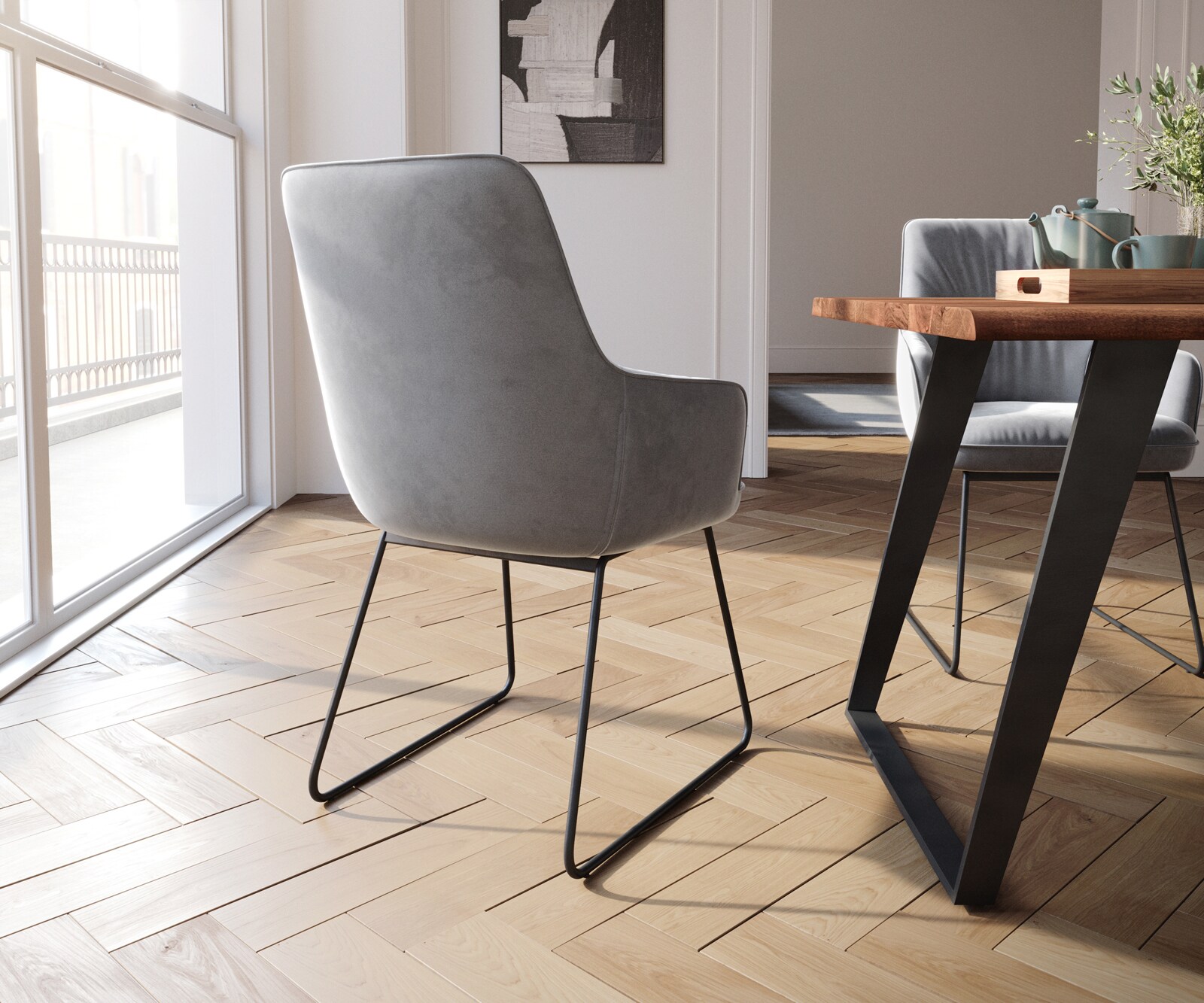 Eetkamerstoel Zelia-Flex met armleuning fluweel grijs slipframe zwart pocketveer kern 4