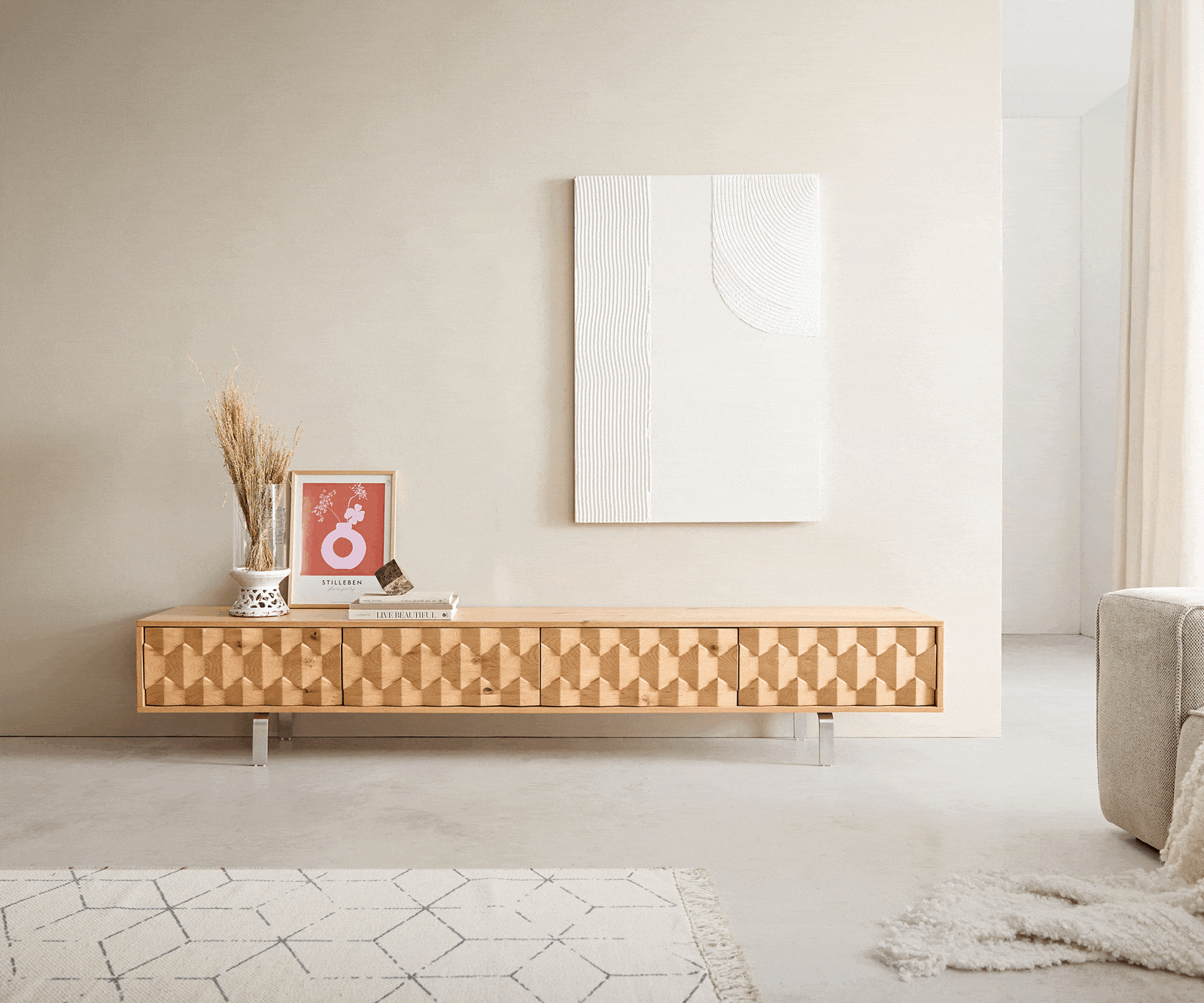 Tv-meubel Fevo 220 cm eiken natuur 4 laden L-onderstel rvs 2 Tv-meubel Fevo 220 cm eiken natuur 4 laden L-onderstel rvs 2