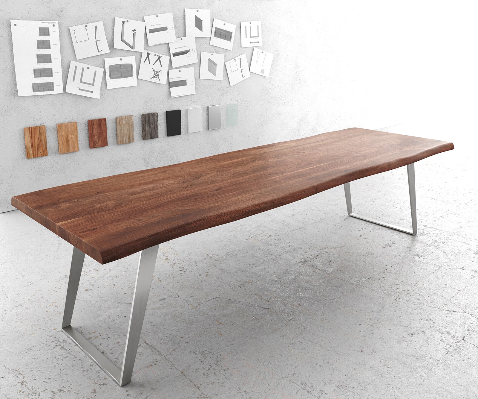 Eettafel Edge 300x100cm XL acacia bruin roestvrijstaal zilver schuin Live-Edge 1