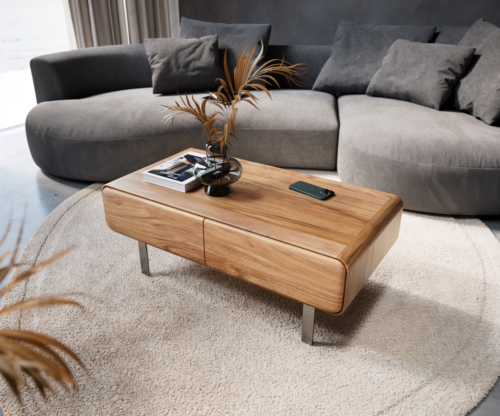 Salontafel Anaya 100x50 cm natuur acacia 2 laden L-poot roestvrij staal Salontafel Anaya 100x50 cm natuur acacia 2 laden L-poot roestvrij staal