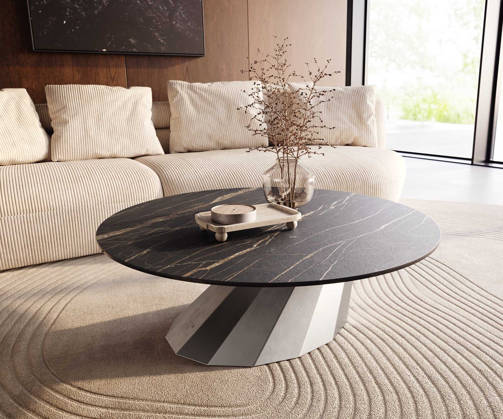Salontafel Edge rond 100x100 cm keramiek Laminam® Noir Desir bruin Parabi geborsteld roestvrij staal 1