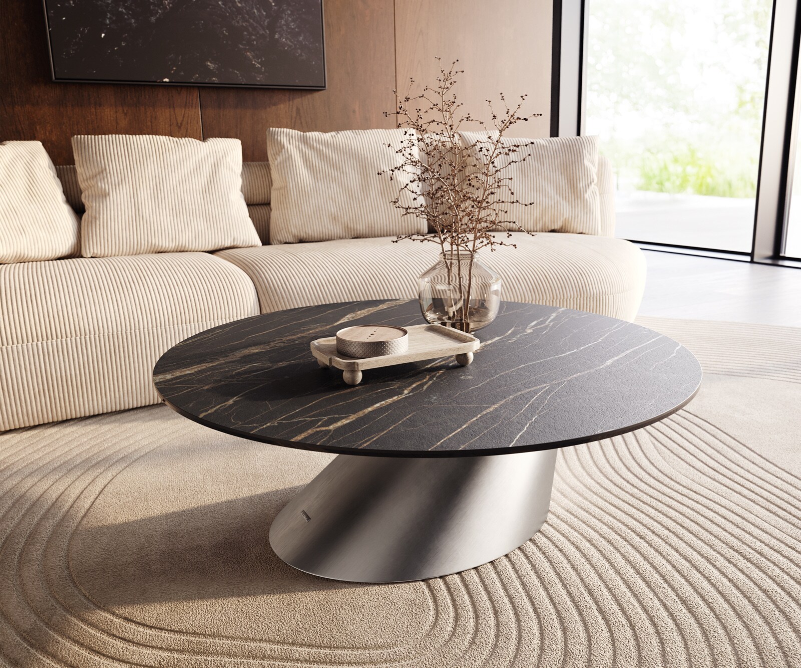 Salontafel Edge rond 100x100 cm keramiek Laminam® Noir Desir bruin Conis geborsteld roestvrij staal 1