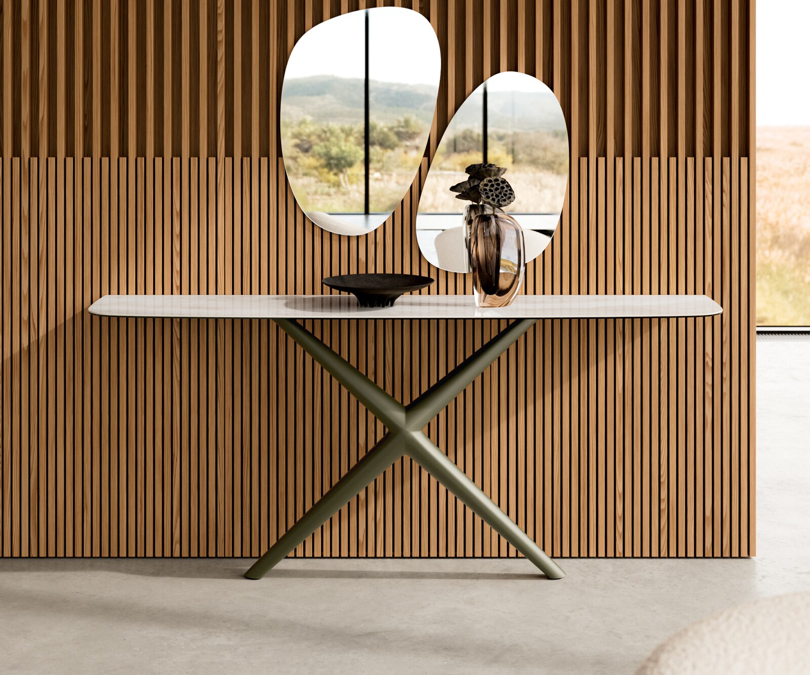 Consoletafel Edge Bootvorm 180x40 cm Keramiek Onyx Champagne Estelo Metaal Effektfinish Titan 1