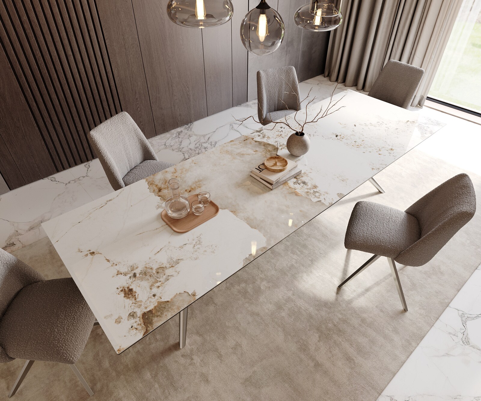Eetkamertafel Edge 300x100 keramiek Minas Melange wit-Beige Estelar rond  roestvrij staal 3