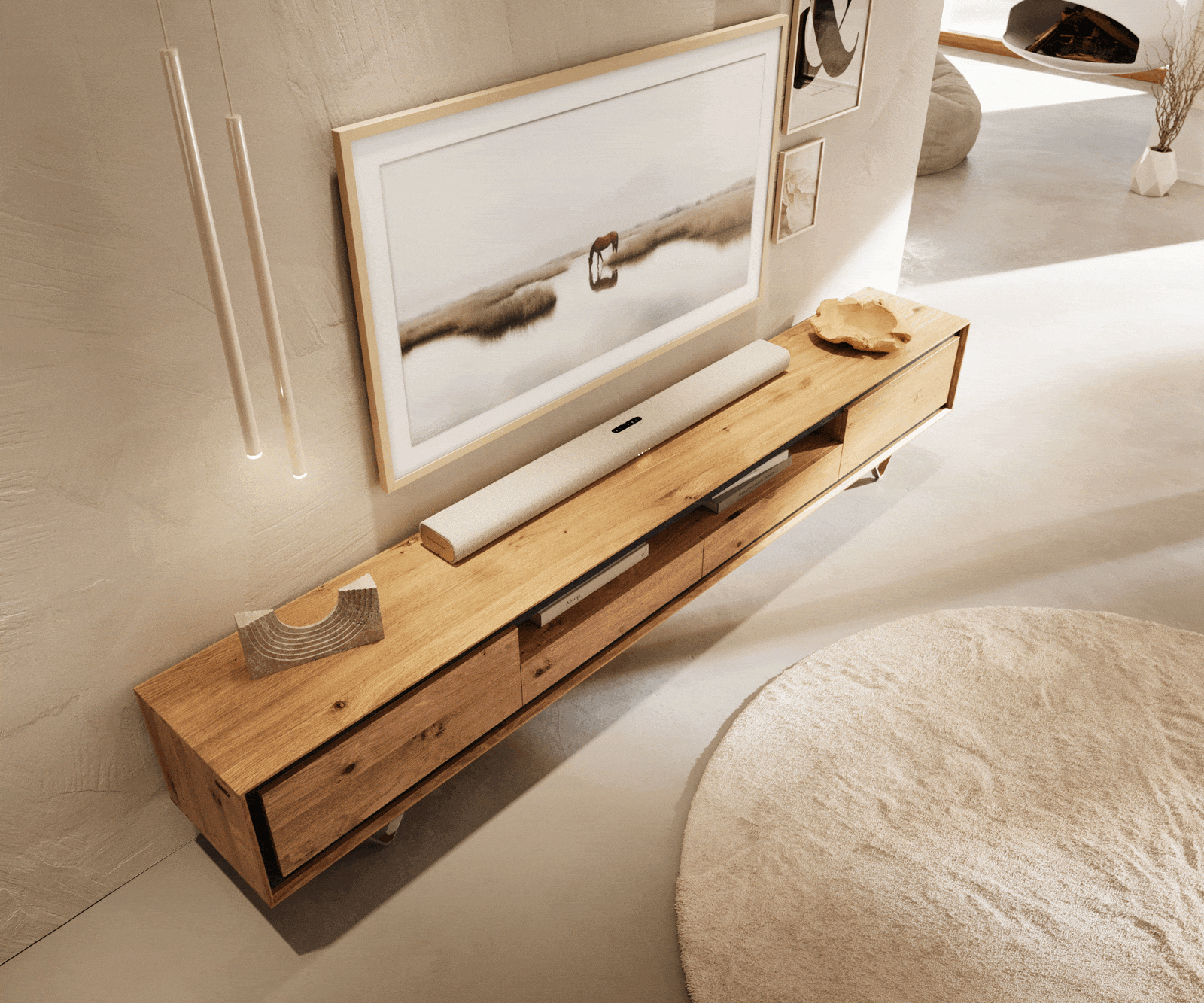 Tv-meubel Stonegrace 240 cm natuur eiken 2 deuren 1 vak 2 laden steenfineer V-onderstel roestvrij staal 3 Tv-meubel Stonegrace 240 cm natuur eiken 2 deuren 1 vak 2 laden steenfineer V-onderstel roestvrij staal 3