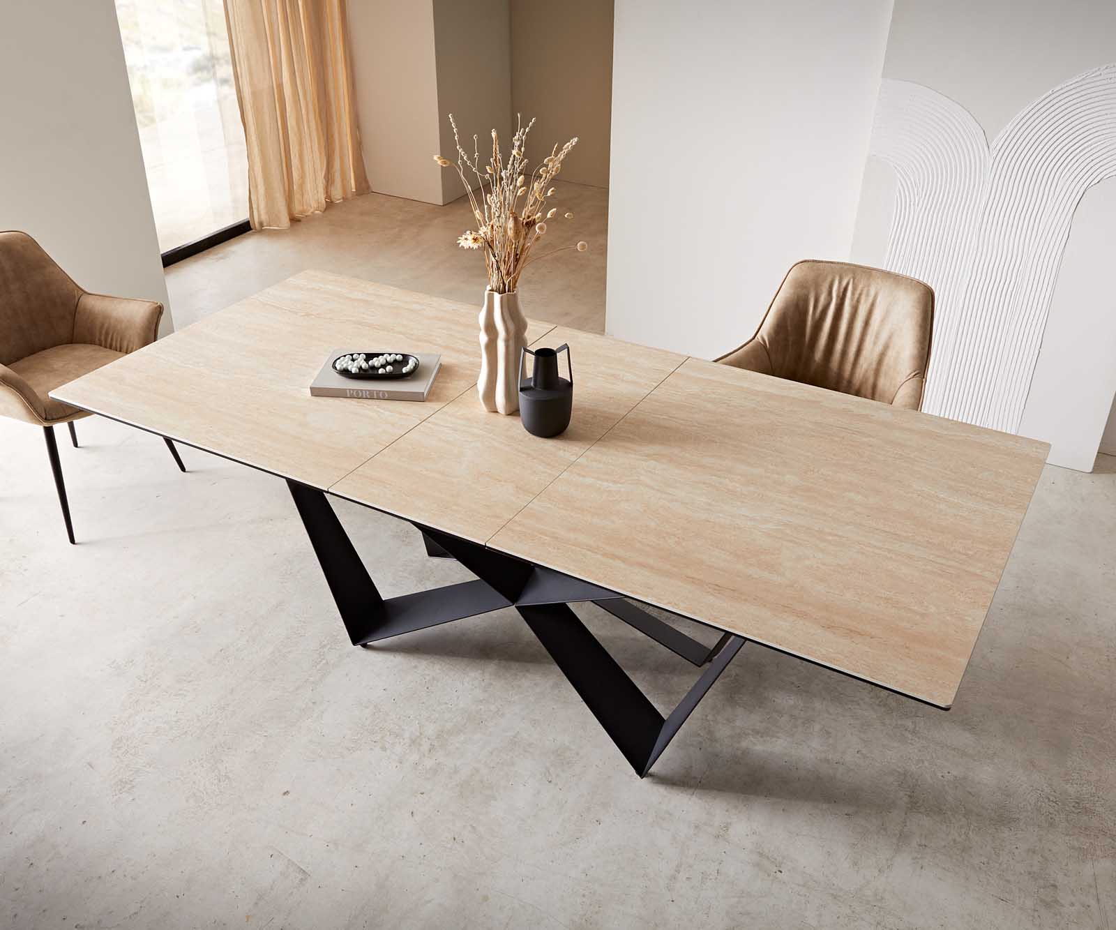 Eetkamertafel Edge 180-220x100 keramiek Travertin natuur spider vlak staal zwart uitschuifbaar 5