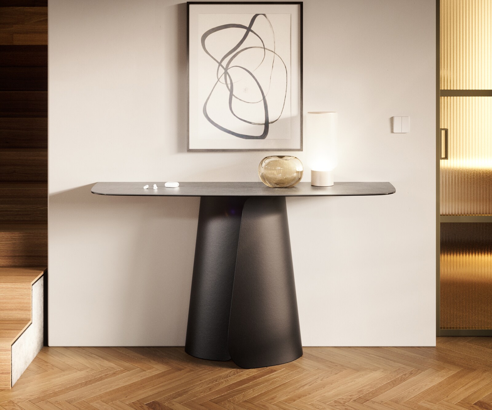 Consoletafel Edge Bootvorm 140x40 cm Keramiek Betongrijs Livos Metaal Zwart 2