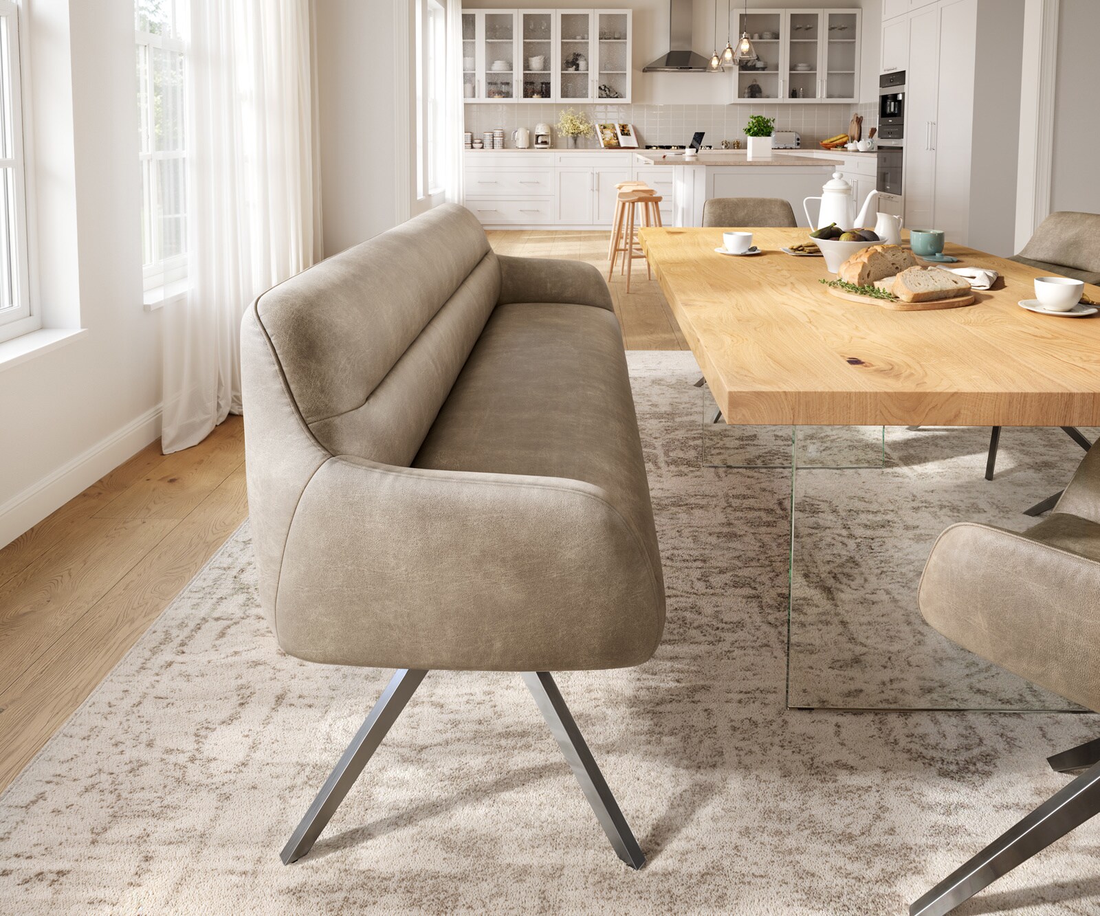 Eetkamerbank Taya-Flex 200 cm microvelours beige vintage hoekig kruisframe grafiet pocketvering 1