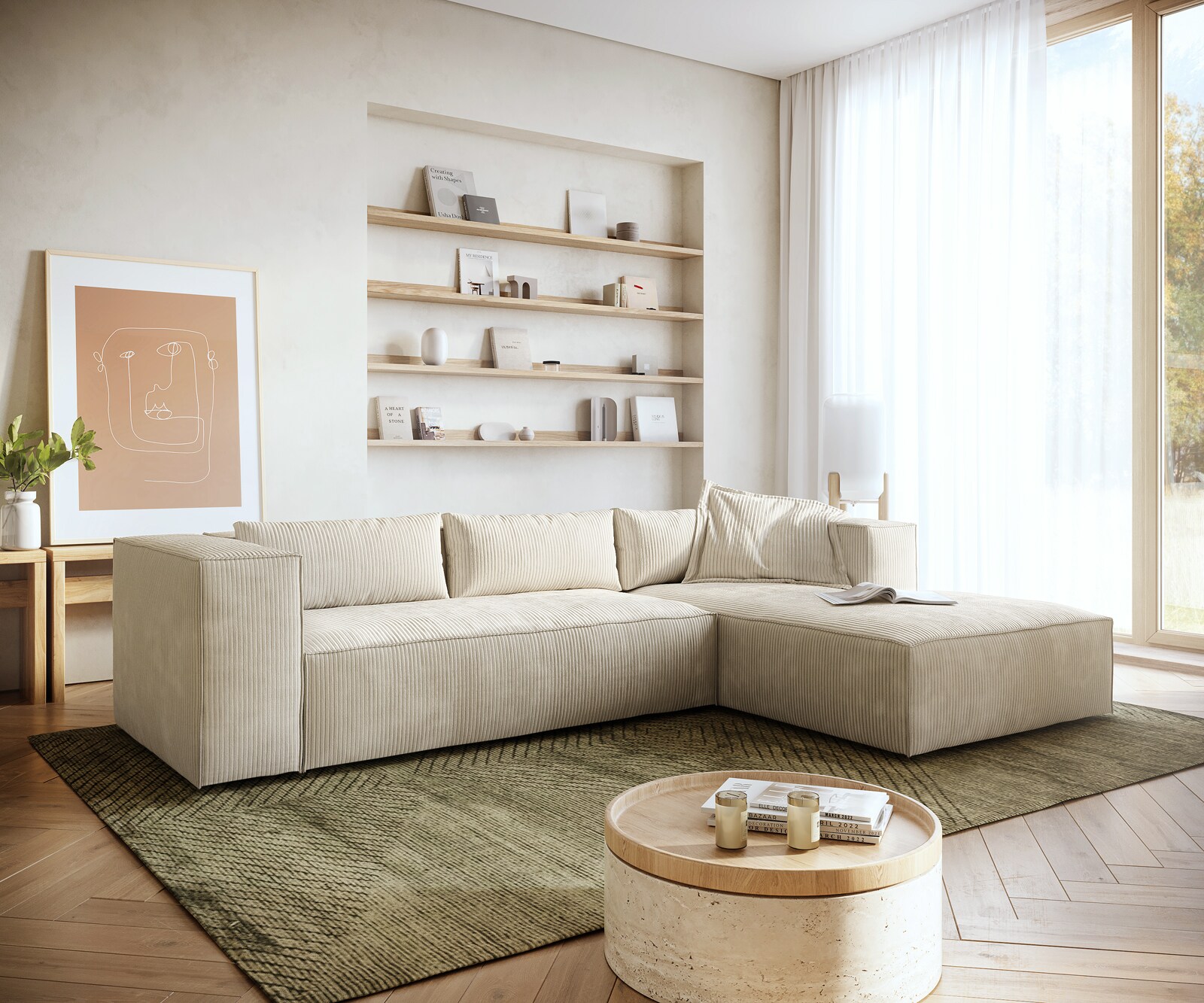 Hoekbank Brom 260 x 175 cm Cord beige Recamiere rechts
