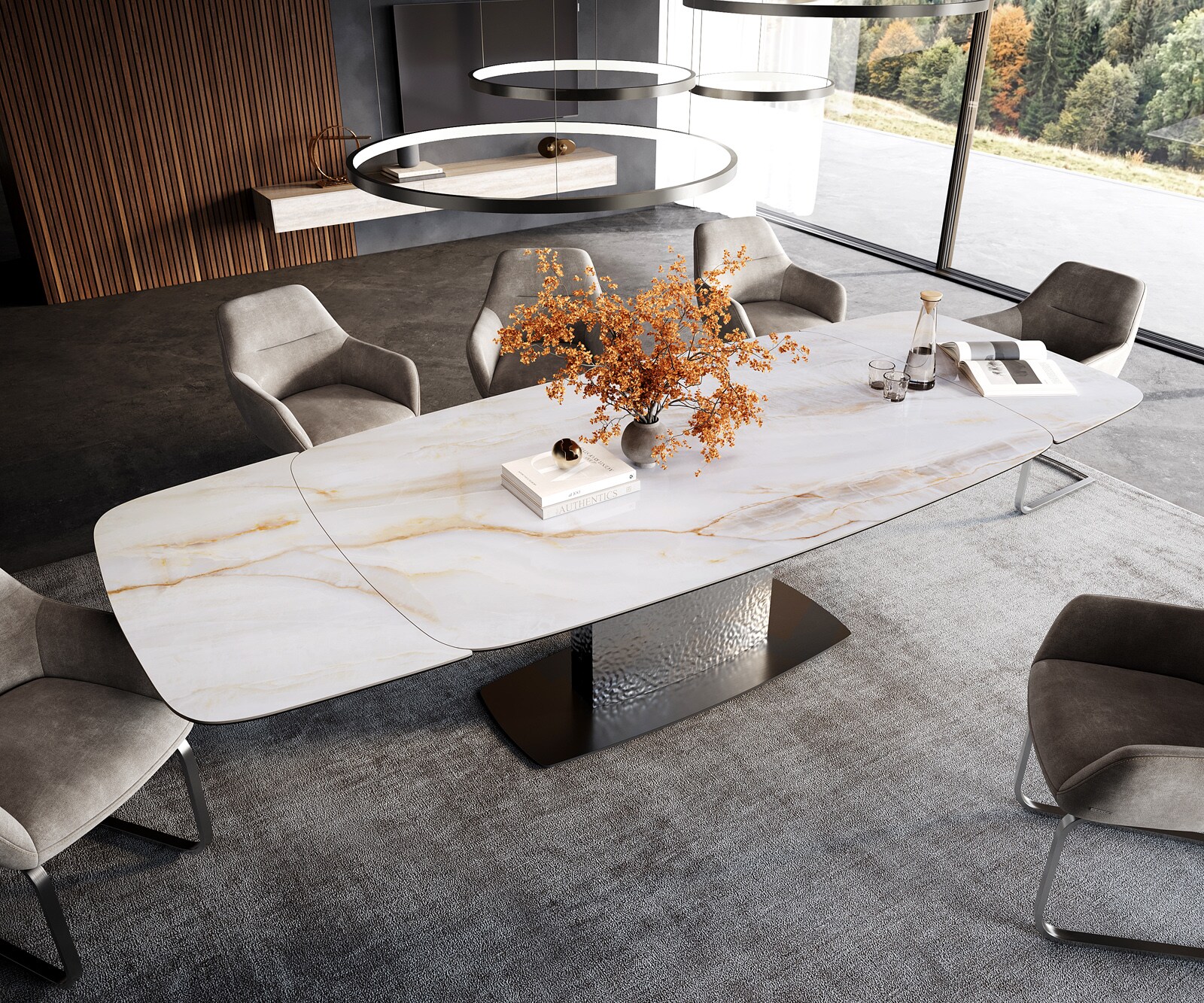 Eettafel Edge bootvorm 200-300x120 cm keramiek Onyx Pearl Wave roestvrij staal uitschuifbaar 4