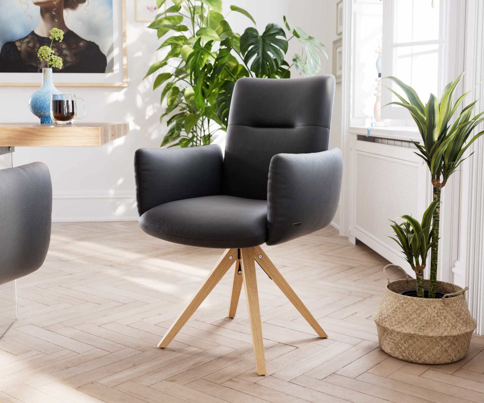 Draaistoel Jova-Flex met armleuning echt leer zwart houten frame hoekig natuur 180° draaibaar pocketveer kern