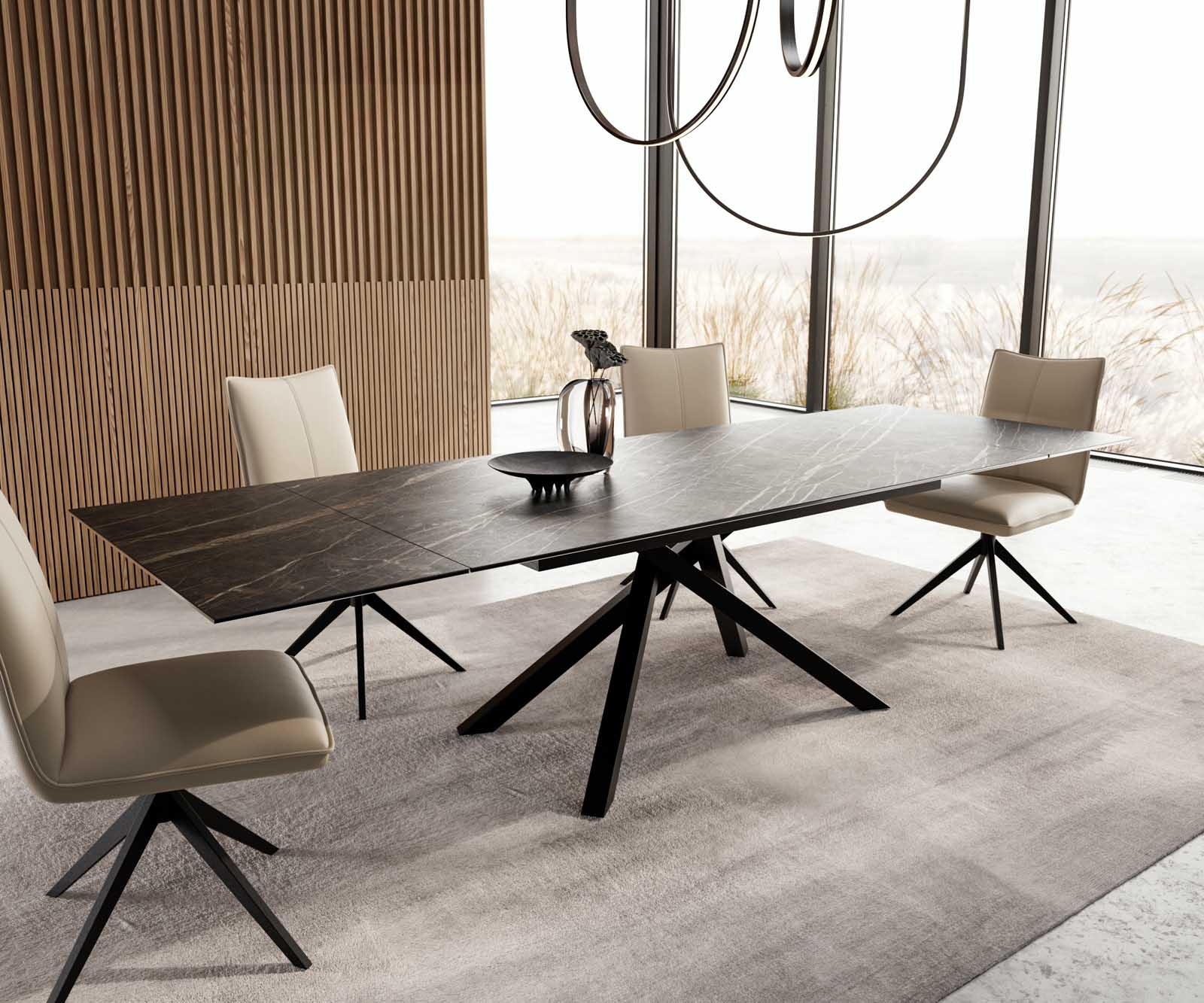 Eetkamertafel Edge 200-300x100 keramiek Laminam®Noir Desir bruin kruisframe rechthoek zwart uitschuifbaar 6