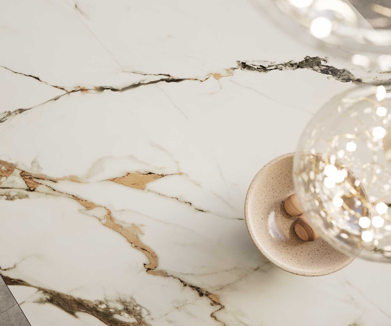 Eetkamertafel Edge 200-300x100 keramiek Calacatta Luxe wit-goud-grijs W-frame zwart uitschuifbaar 2