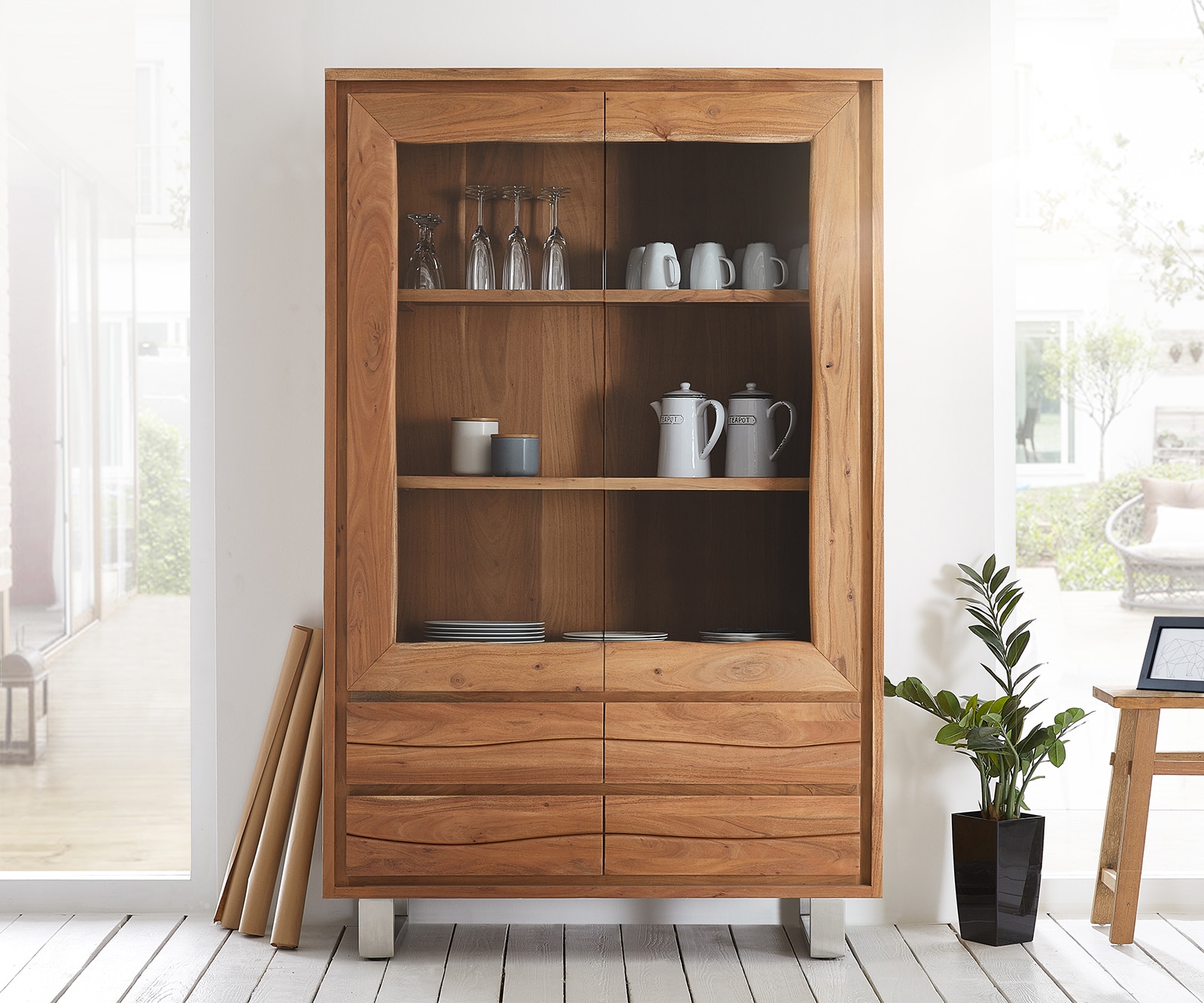Vitrinekast Live-Edge 120x190 cm acacia natuur rechte rand 2 deuren 4 laden massief 2