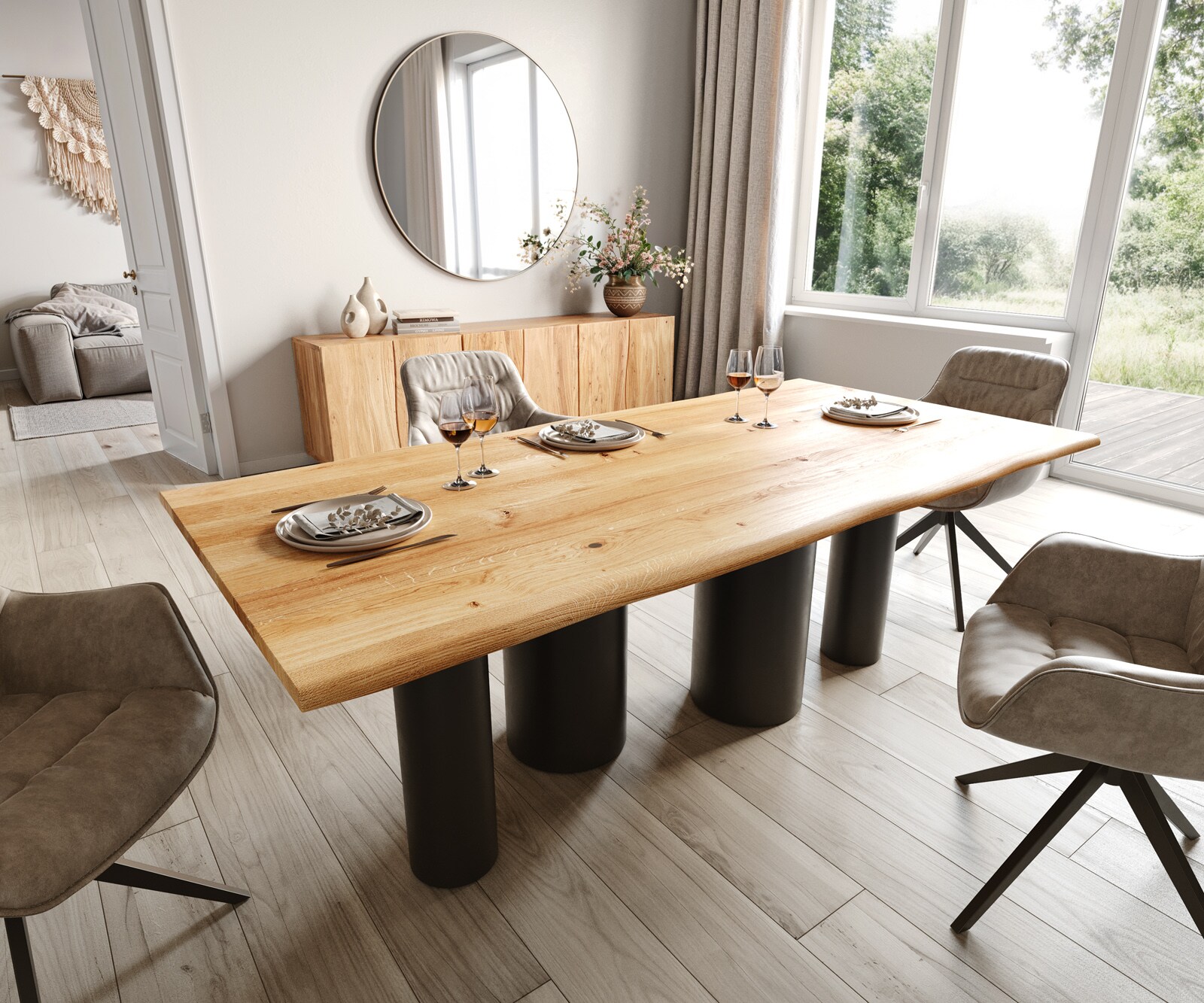 Eettafel Edge 200x100x2,5-3 eiken natuur Pilier metaal zwart Live-Edge