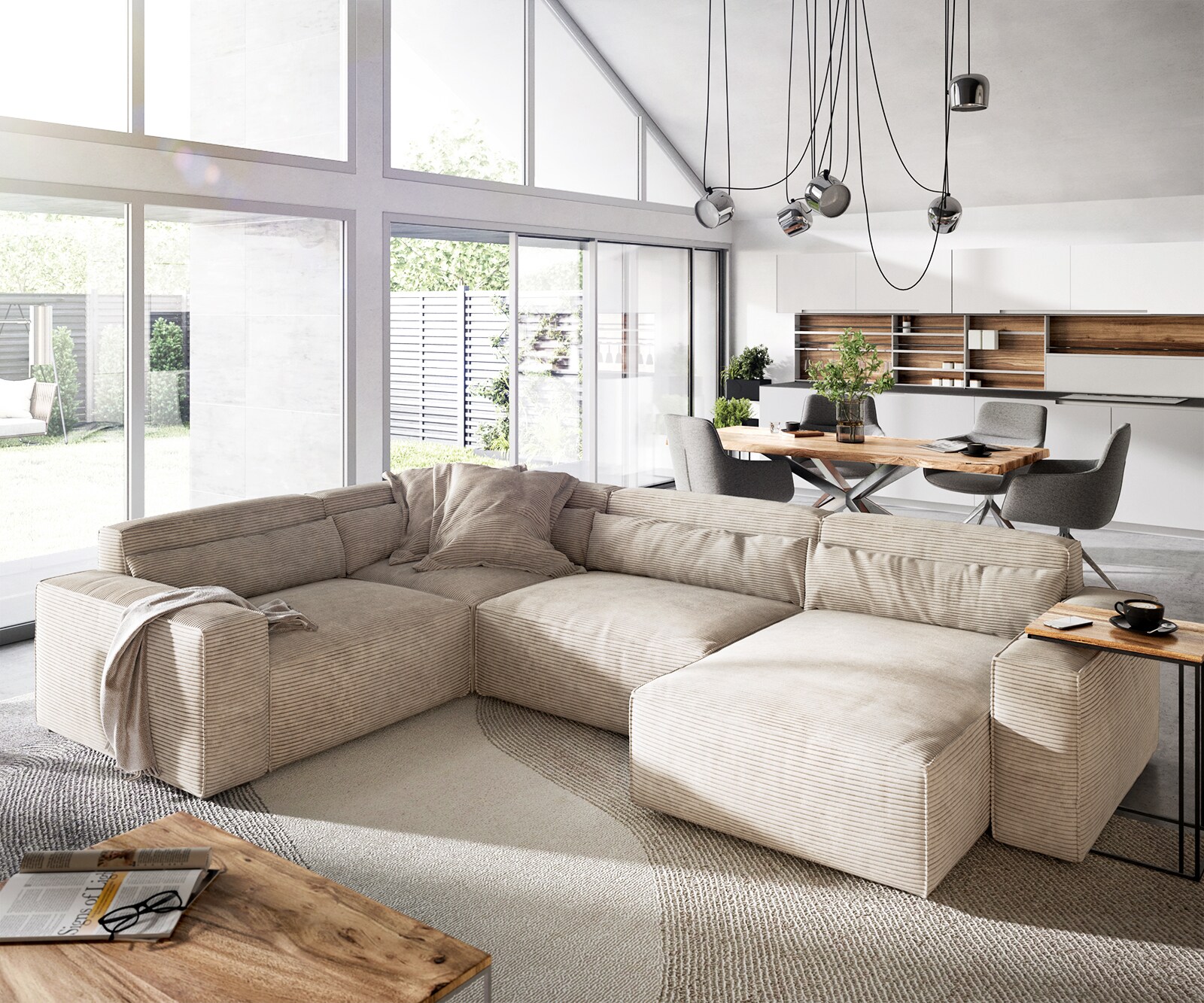 Woonkamerlandschap Sirpio 300x210 cm Snoer beige recamiere variabel Woonkamerlandschap Sirpio 300x210 cm Snoer beige recamiere variabel