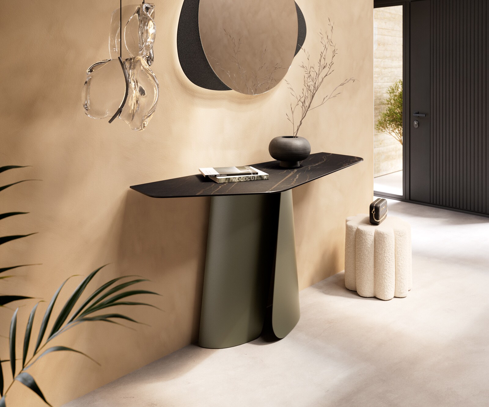 Consoletafel Edge Polygonaal 140x50 cm Keramiek Laminam® Noir Desir Braun Livos Metaal Effektfinish Titan 1