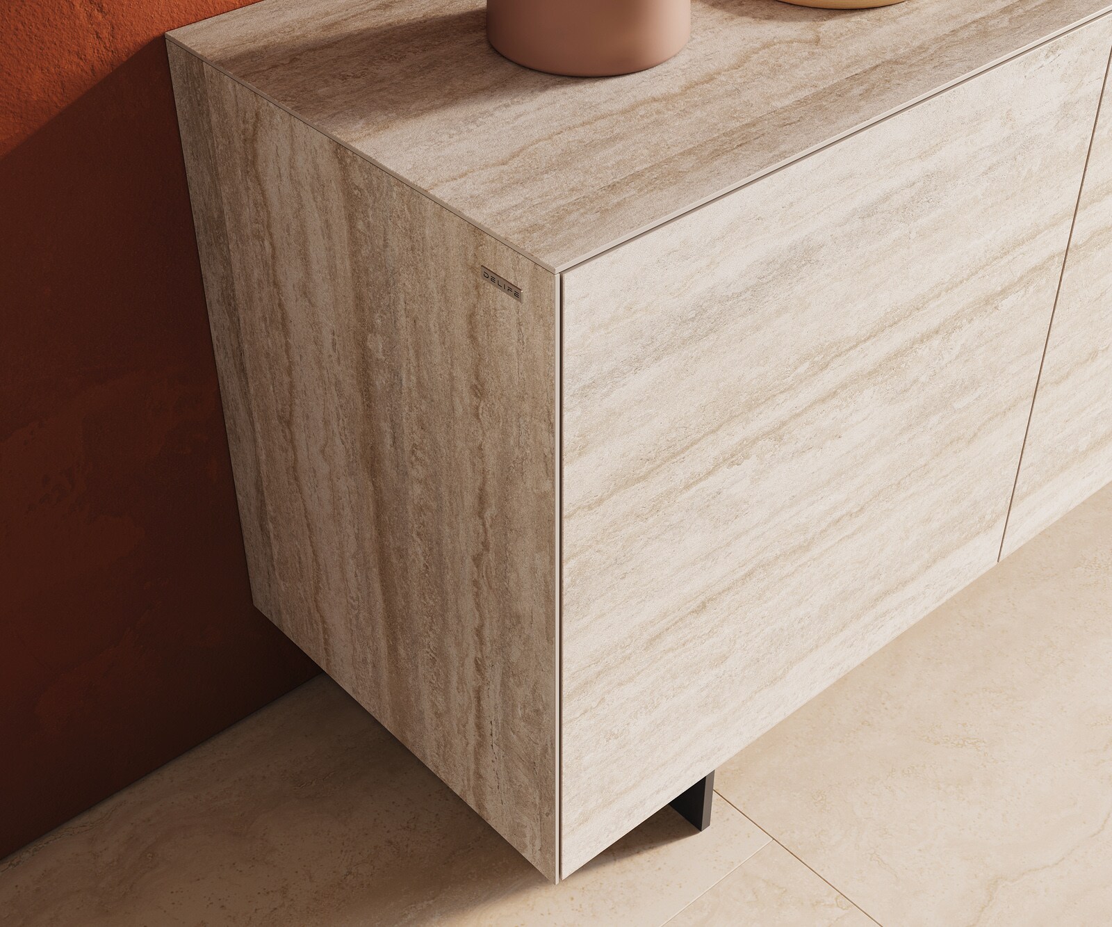 Dressoir Cuor 180 cm Keramiek Laminam® Travertino Bianco Crème-wit 2 Deuren 3 Laden Zwevende voet look Metaal Zwart 6