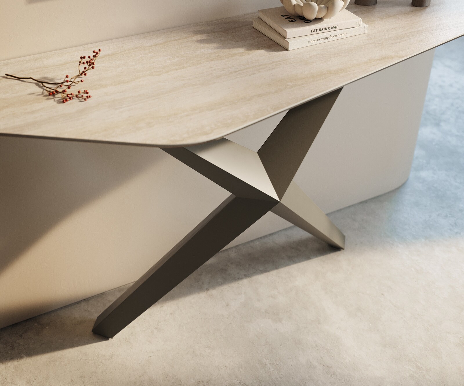 Consoletafel Edge Polygonaal 140x50 cm Keramiek Laminam® Travertino Bianco Creme-Weiß Zentharo Metaal Effektfinish Titan 6