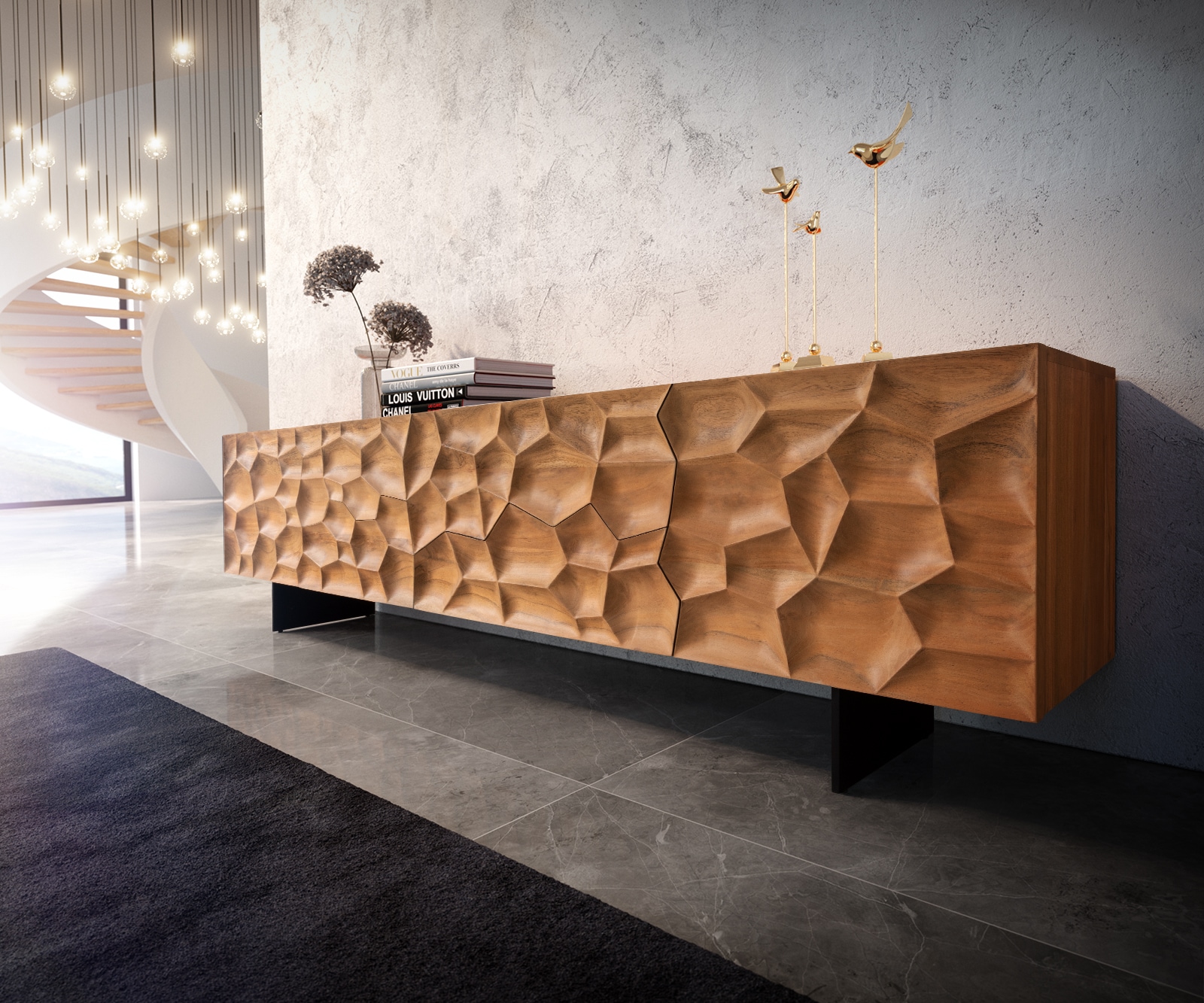 Tv-meubel Solu 220 cm acacia natuur 2 deuren 4 laden onderstel zwevend metaal zwart 3D front Tv-meubel Solu 220 cm acacia natuur 2 deuren 4 laden onderstel zwevend metaal zwart 3D front